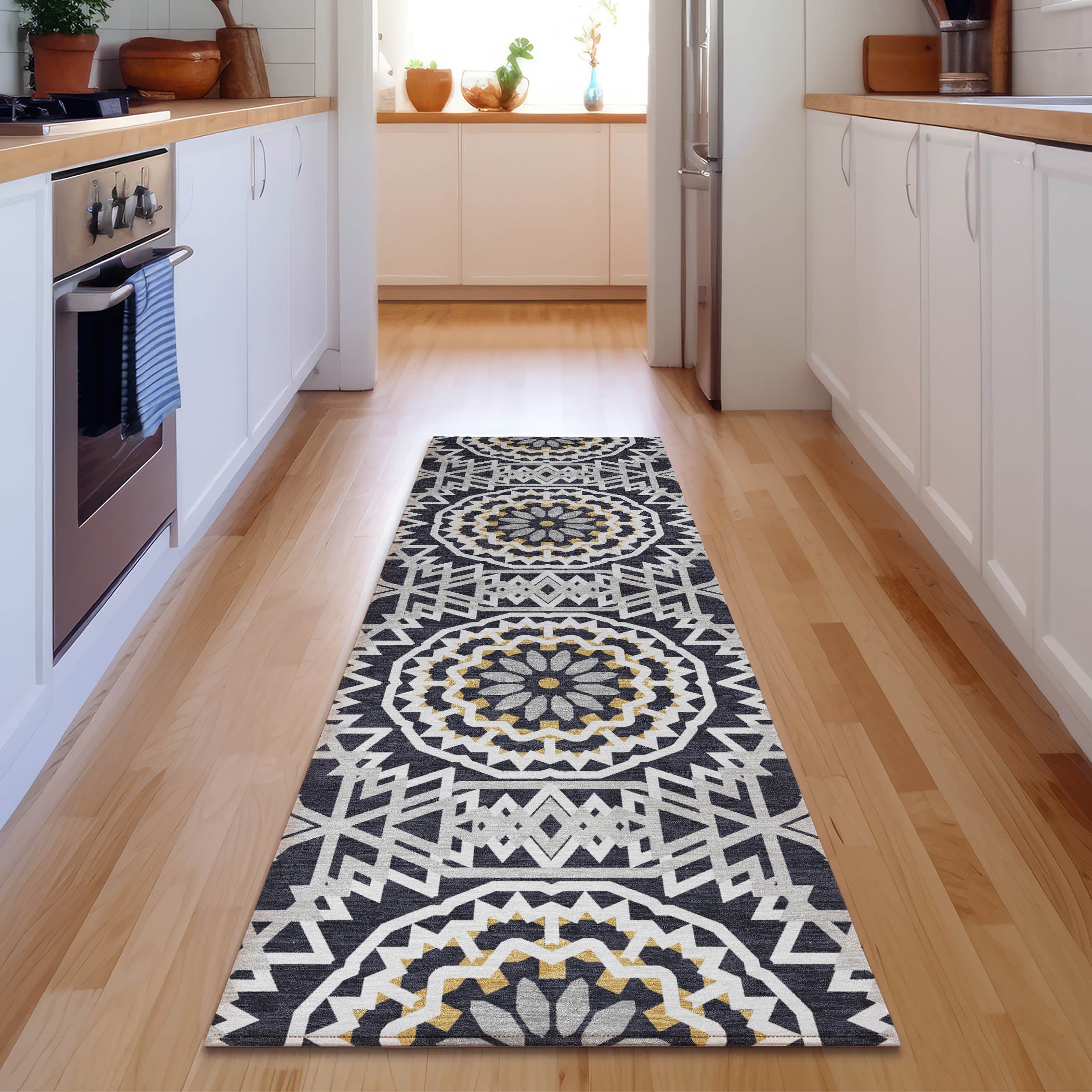 Antigua Machine Washable Transitional Black Rug 2'3" x 7'6" #shape_Runner