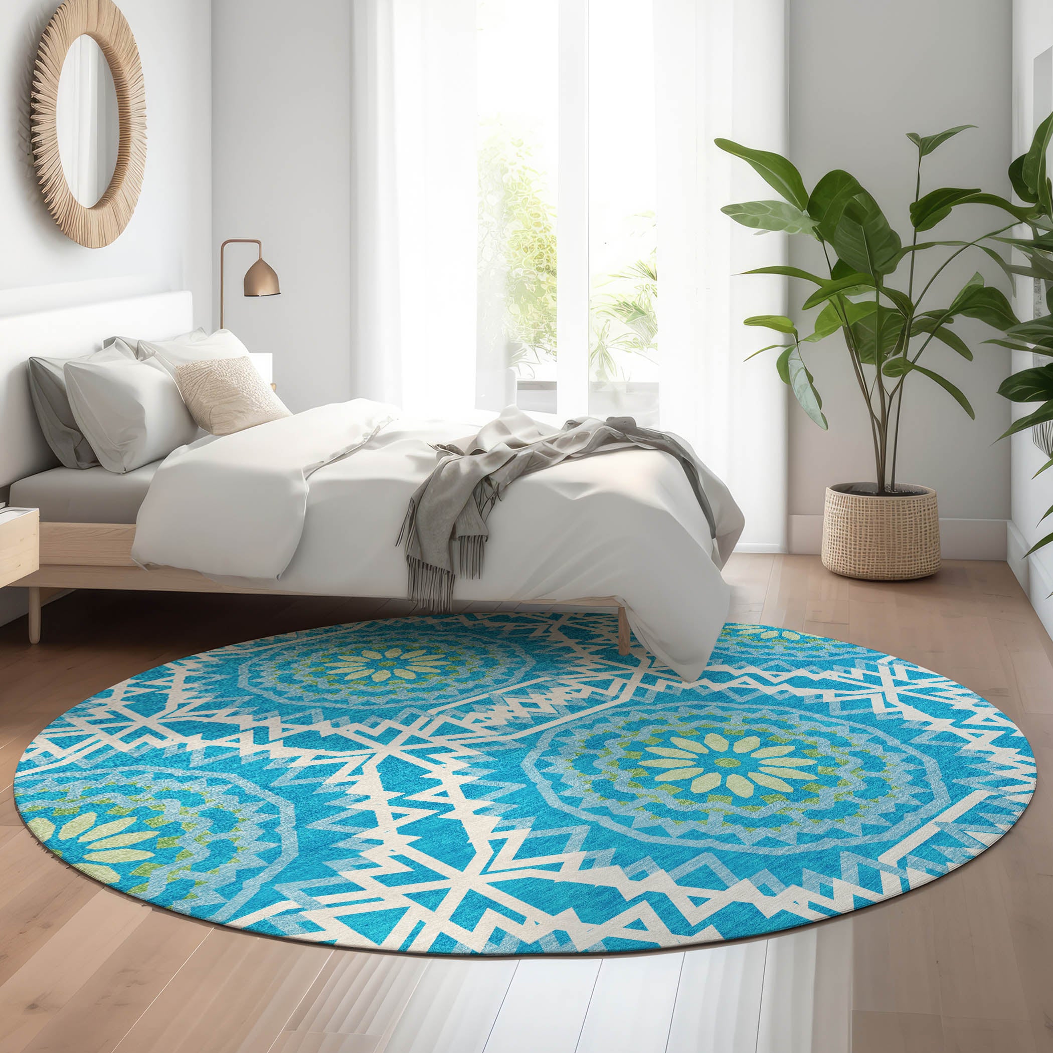 Antigua Machine Washable Transitional Blue Rug 8' x 8' #shape_Round