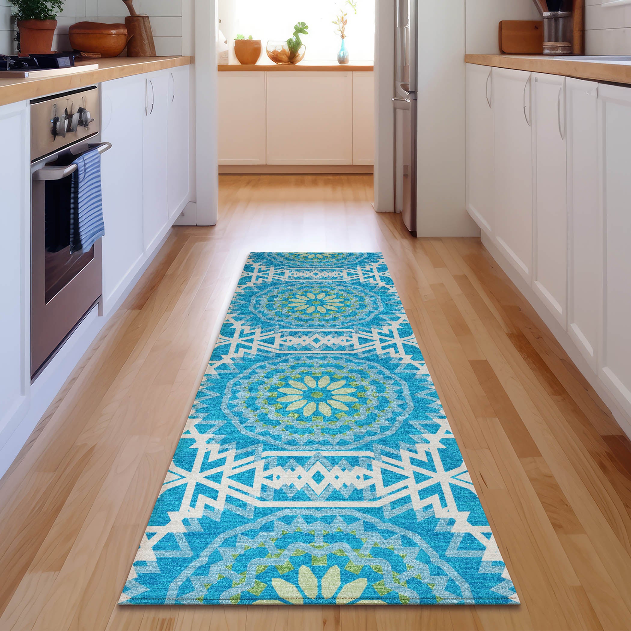 Antigua Machine Washable Transitional Blue Rug 2'3" x 7'6" #shape_Runner