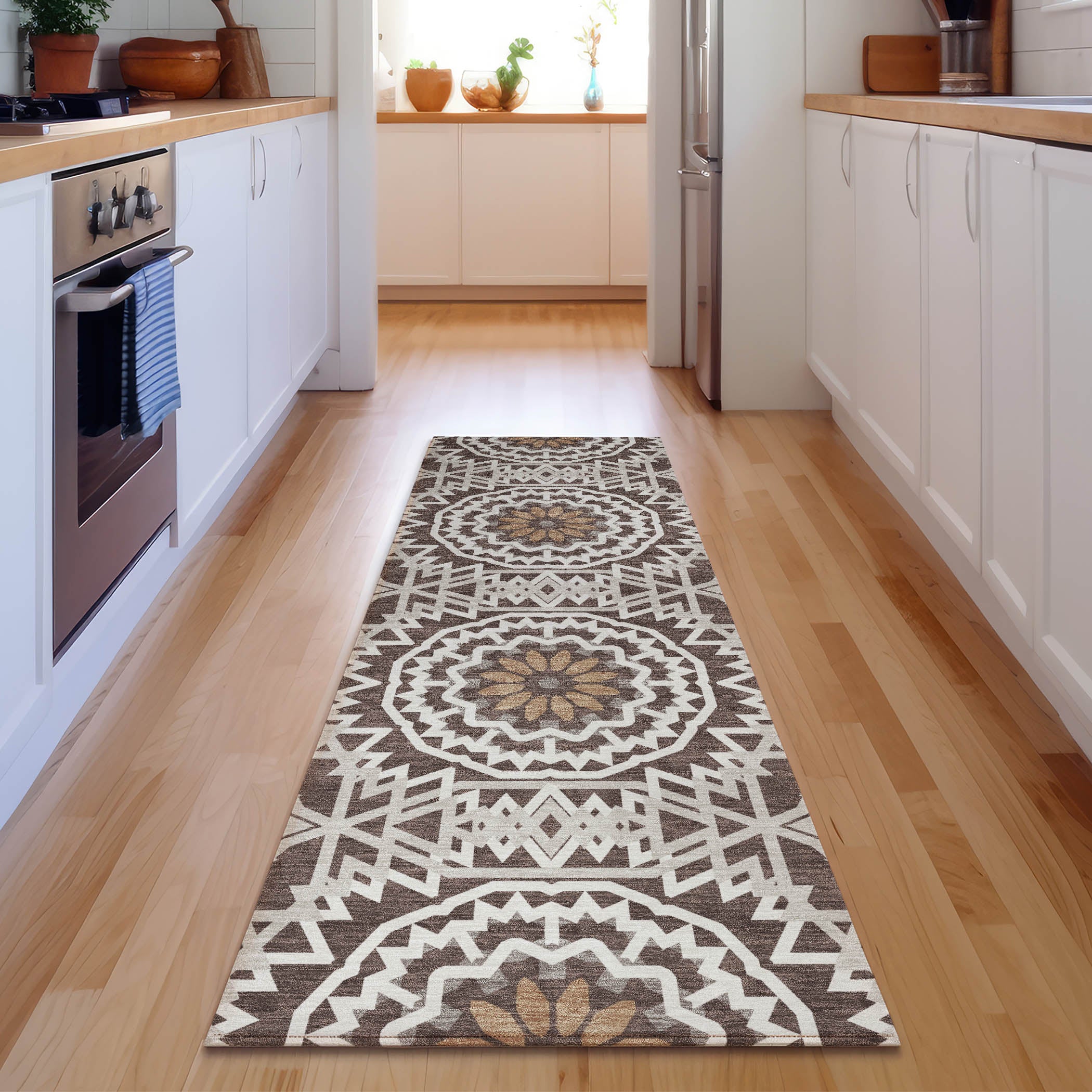 Antigua Machine Washable Transitional Chocolate Brown Rug 2'3" x 7'6" #shape_Runner