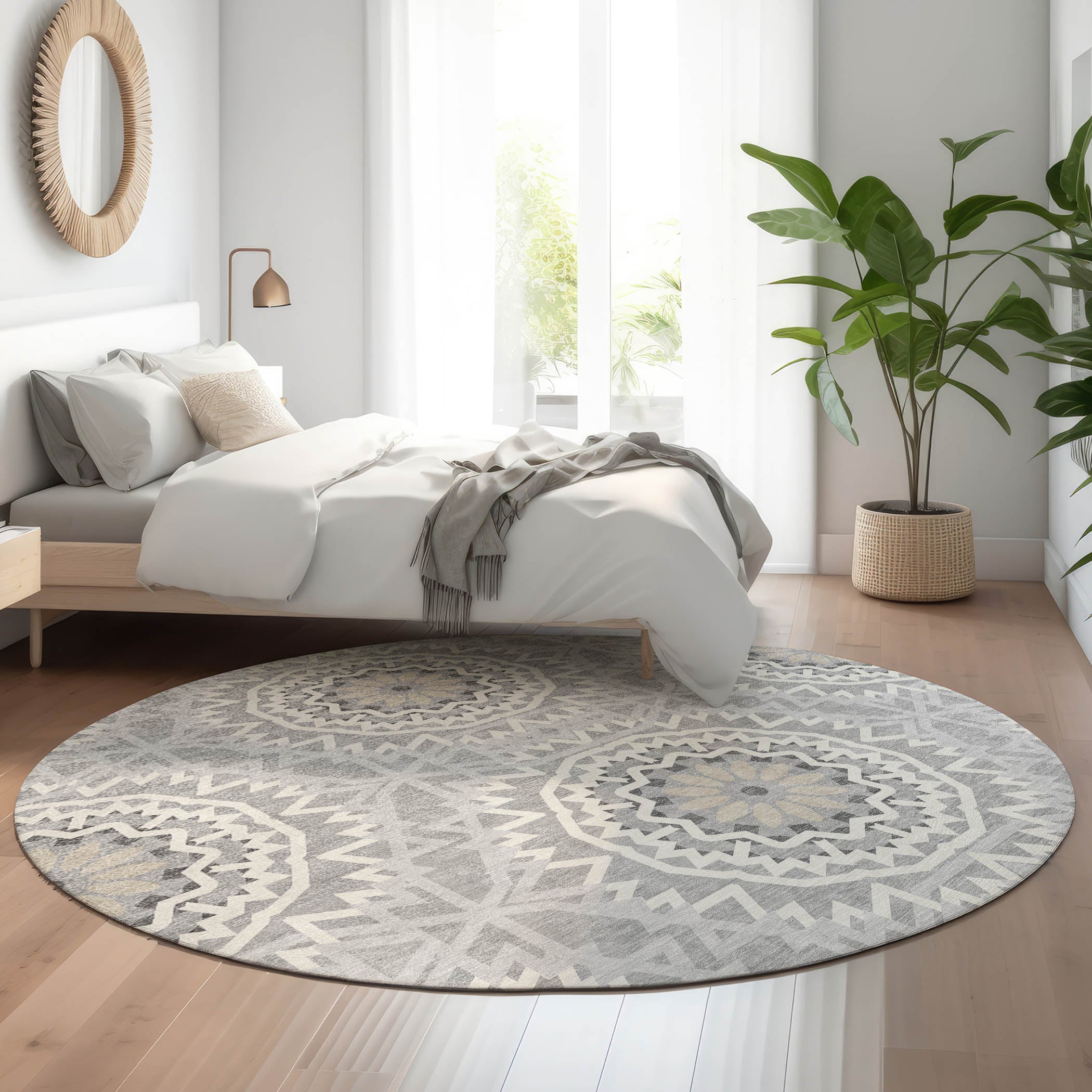 Antigua Machine Washable Transitional Gray Rug 8' x 8' #shape_Round
