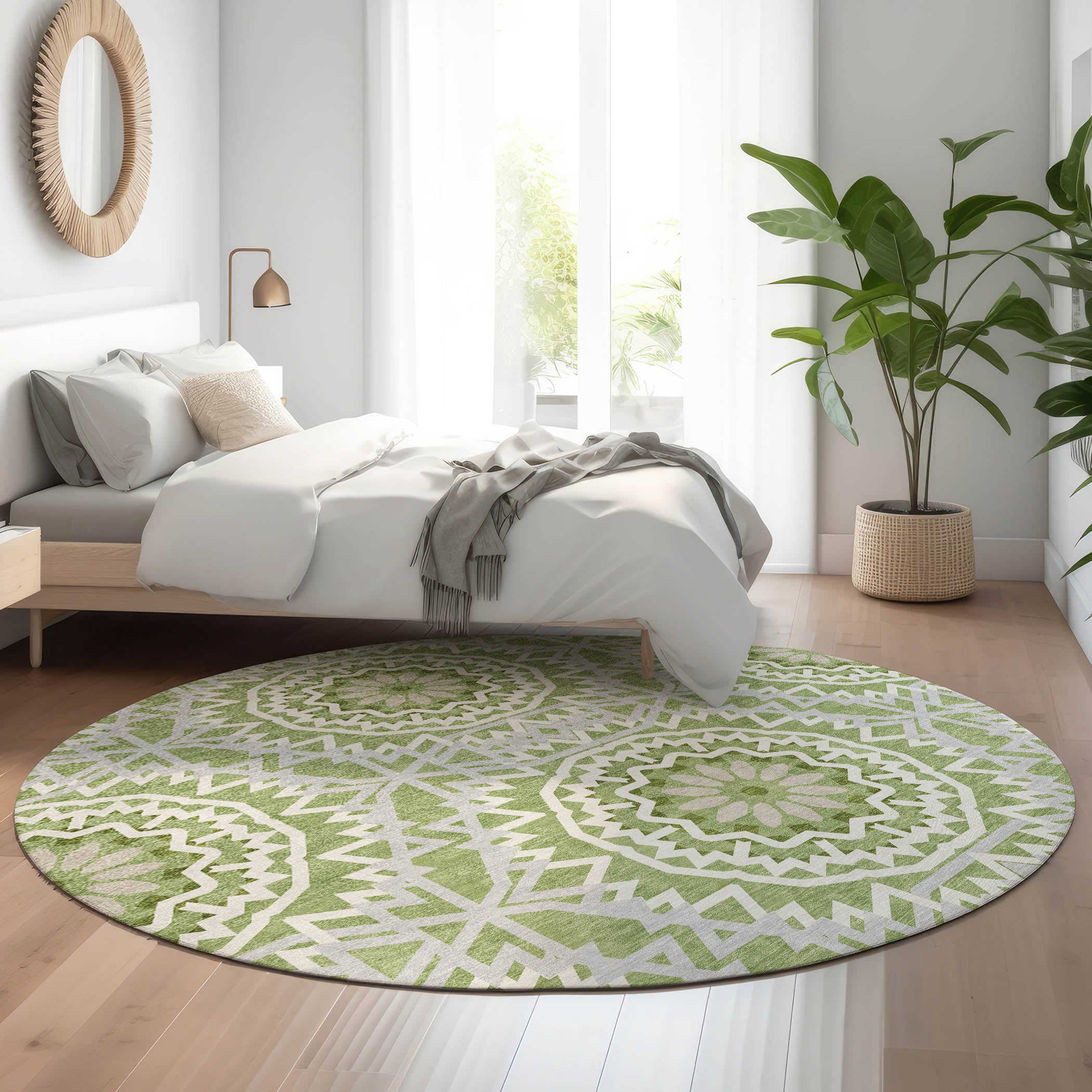Antigua Machine Washable Transitional Green Rug 8' x 8' #shape_Round