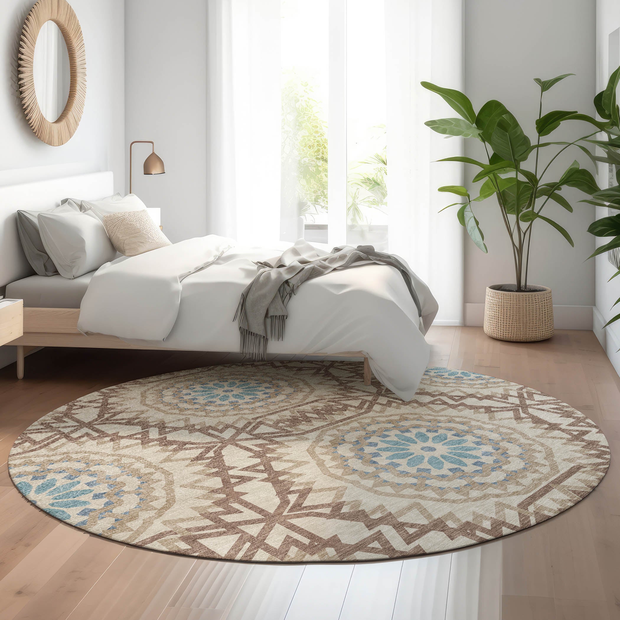 Antigua Machine Washable Transitional Khaki Brown Rug 8' x 8' #shape_Round