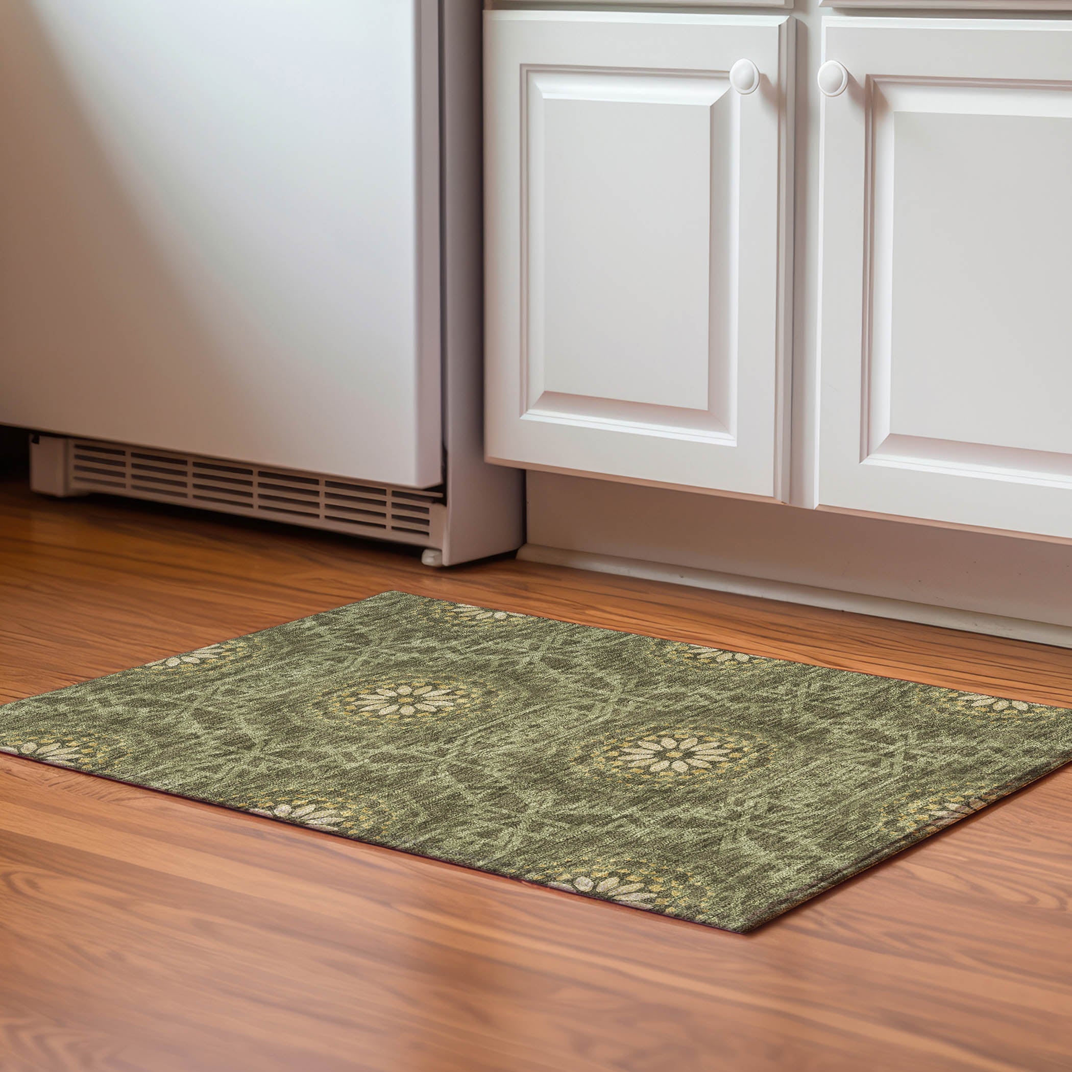 Antigua Machine Washable Transitional Olive Green Rug 1'8" x 2'6" #shape_Rectangle