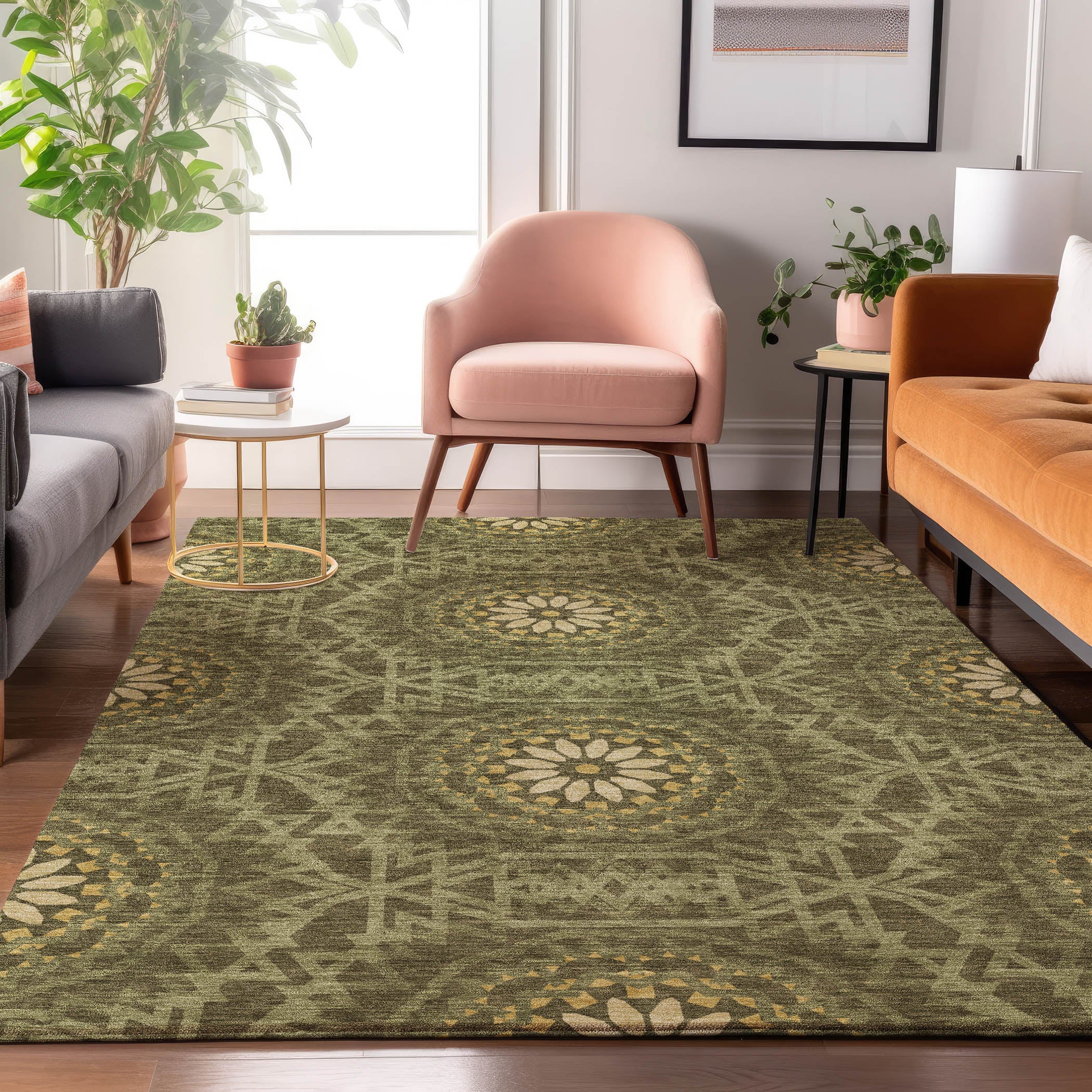 Antigua Machine Washable Transitional Olive Green Rug 2'6" x 3'10" #shape_Rectangle