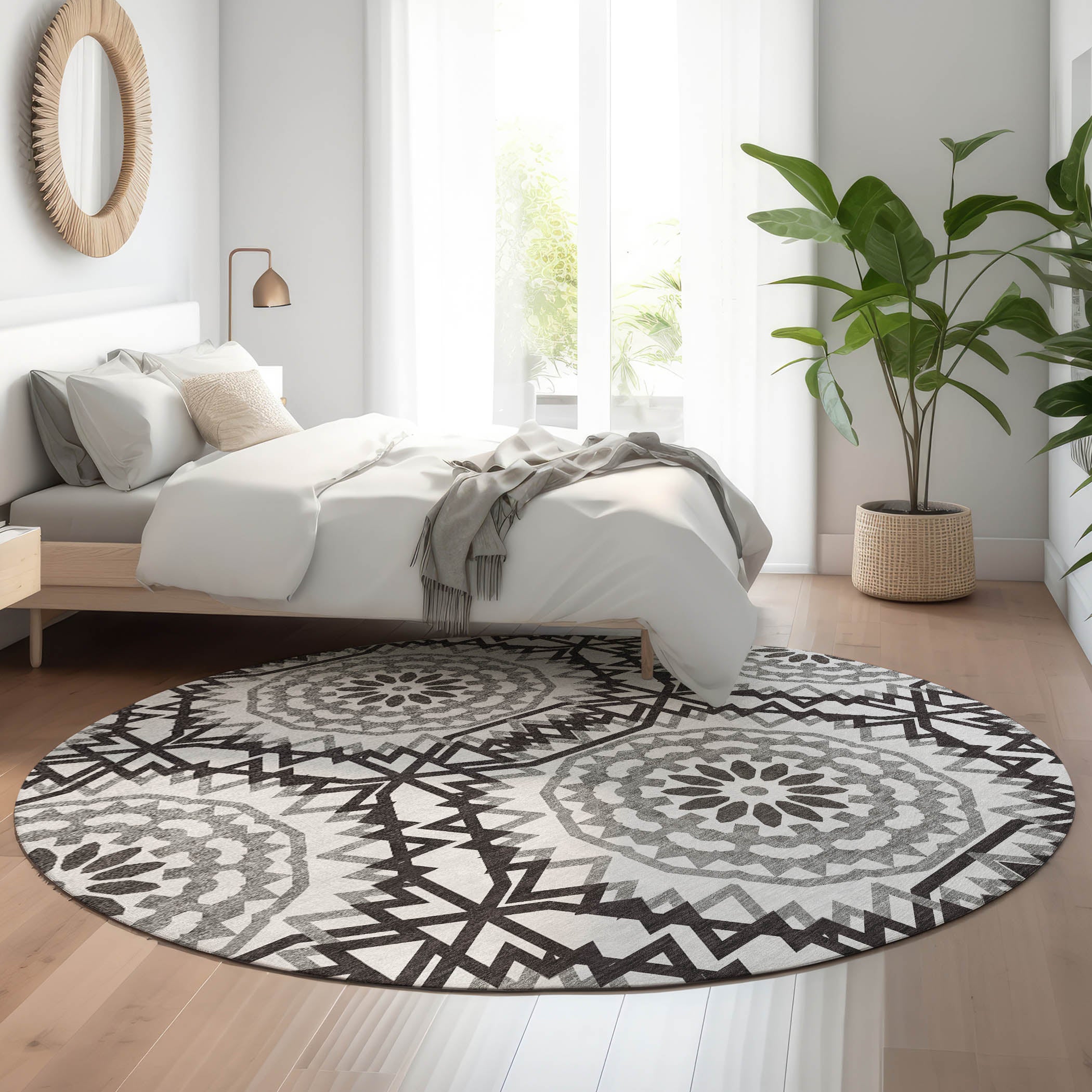 Antigua Machine Washable Transitional White Ivory Rug 8' x 8' #shape_Round