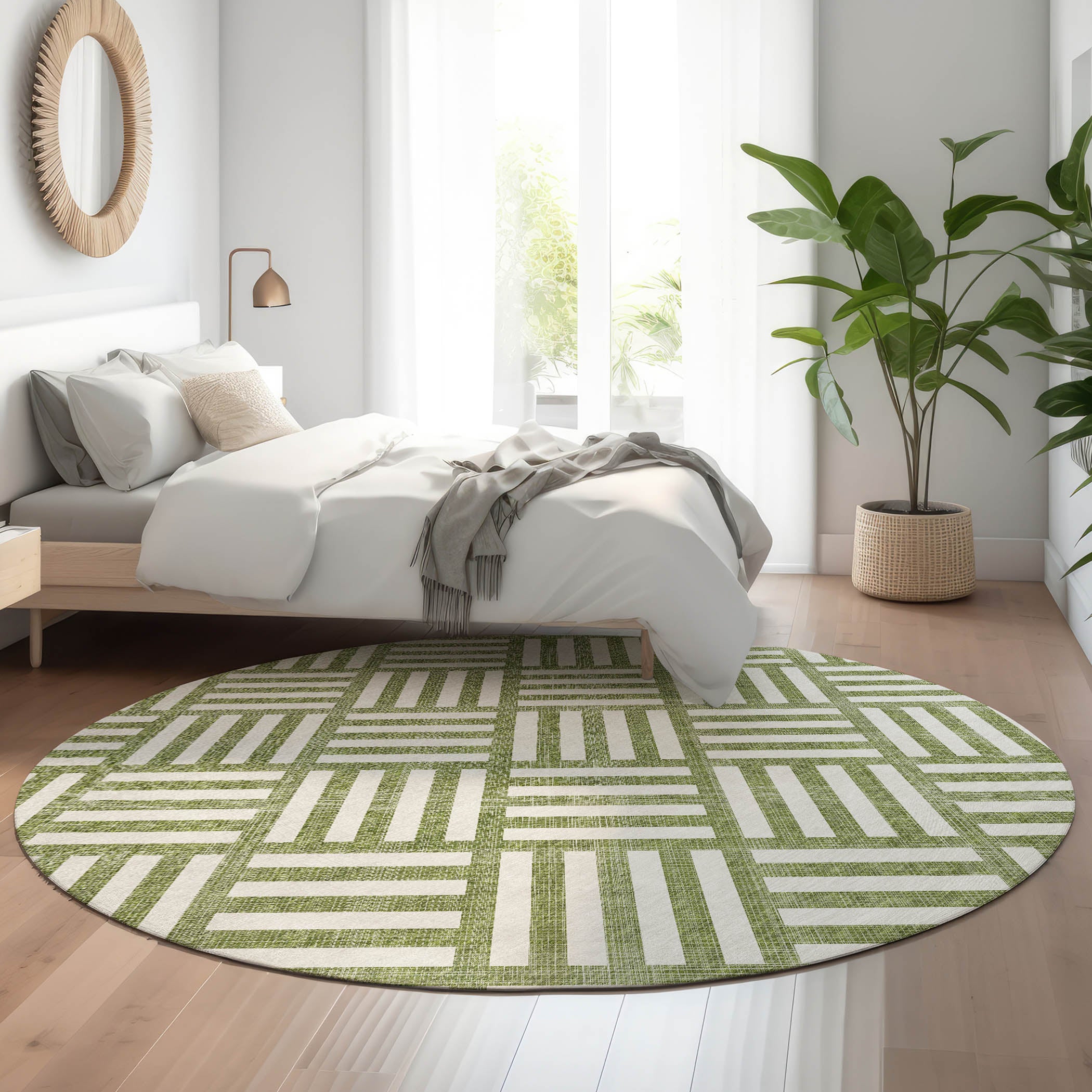 Kathmandu Machine Washable Transitional Olive Green Rug 8' x 8' #shape_Round