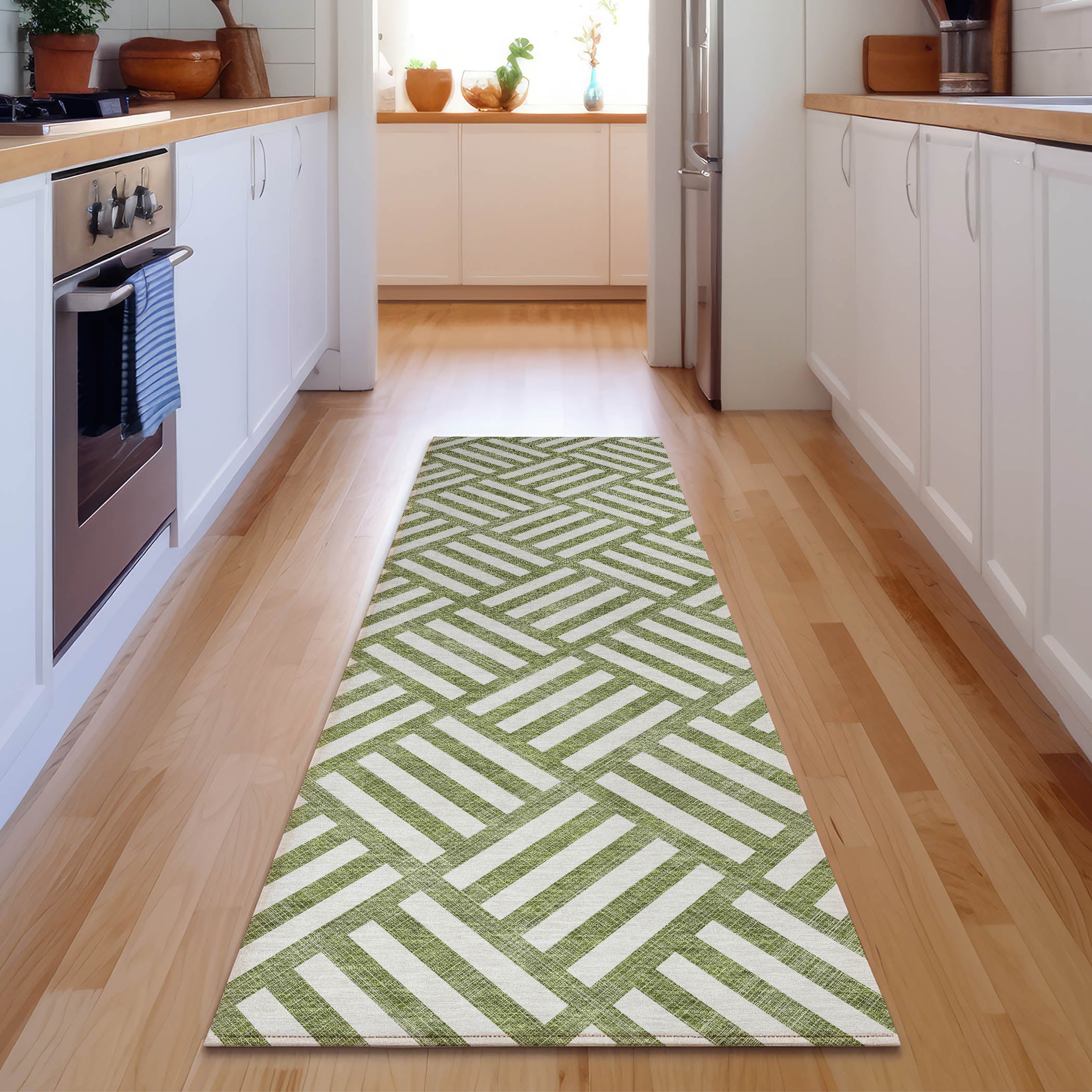 Kathmandu Machine Washable Transitional Olive Green Rug 2'3" x 7'6" #shape_Runner