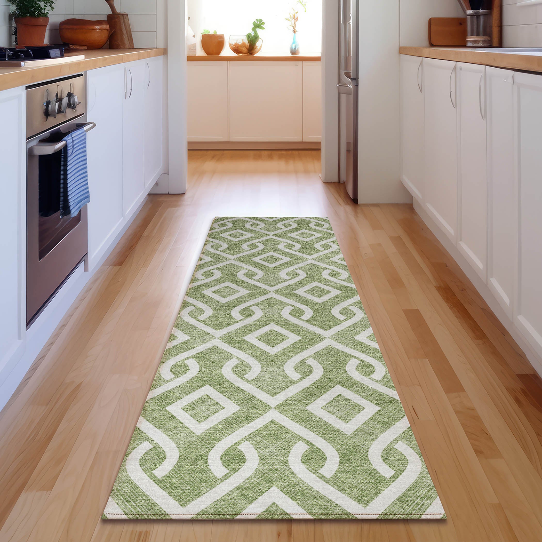 Mostar Machine Washable Transitional Green Rug 2'3" x 7'6" #shape_Runner