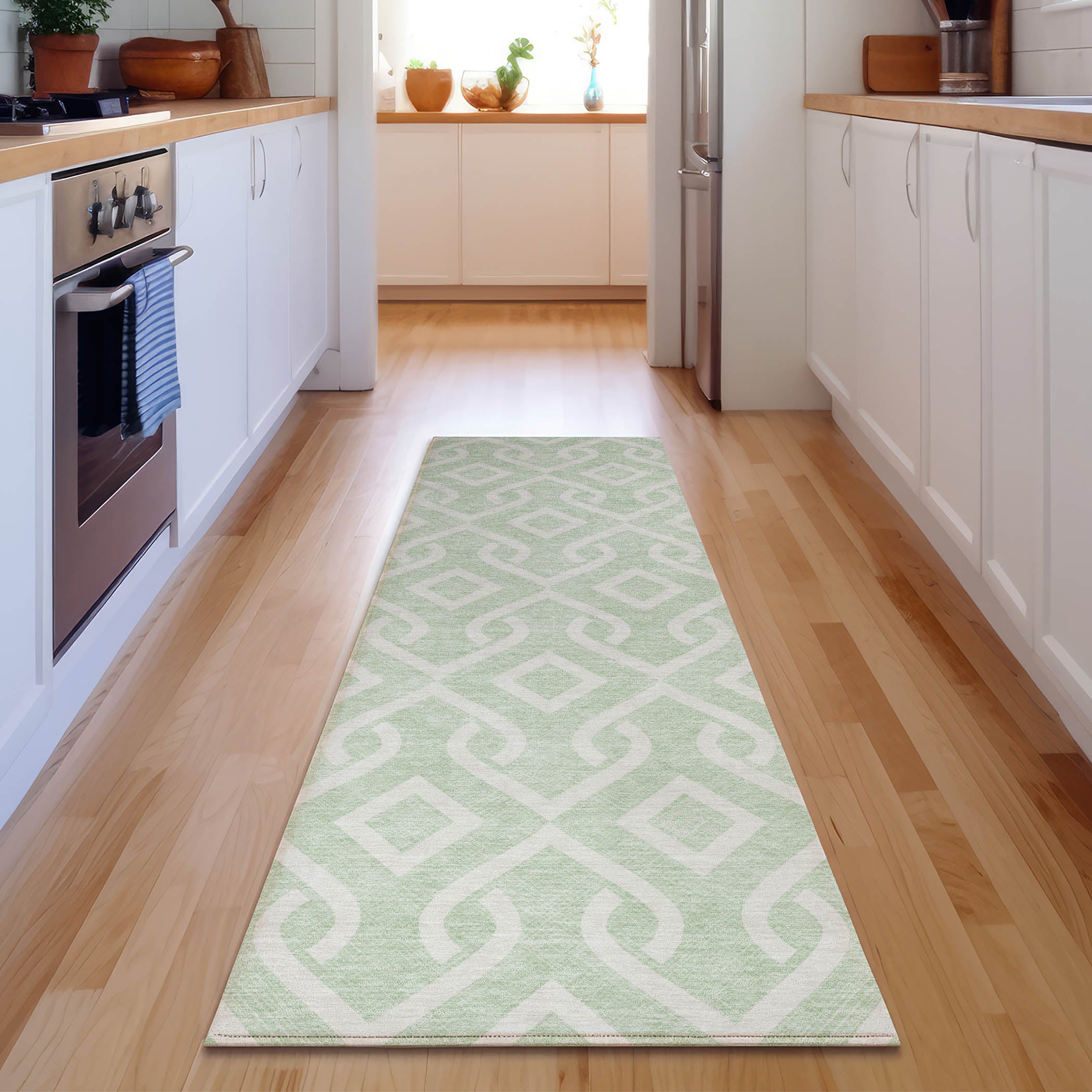 Mostar Machine Washable Transitional Mint Green Rug 2'3" x 7'6" #shape_Runner