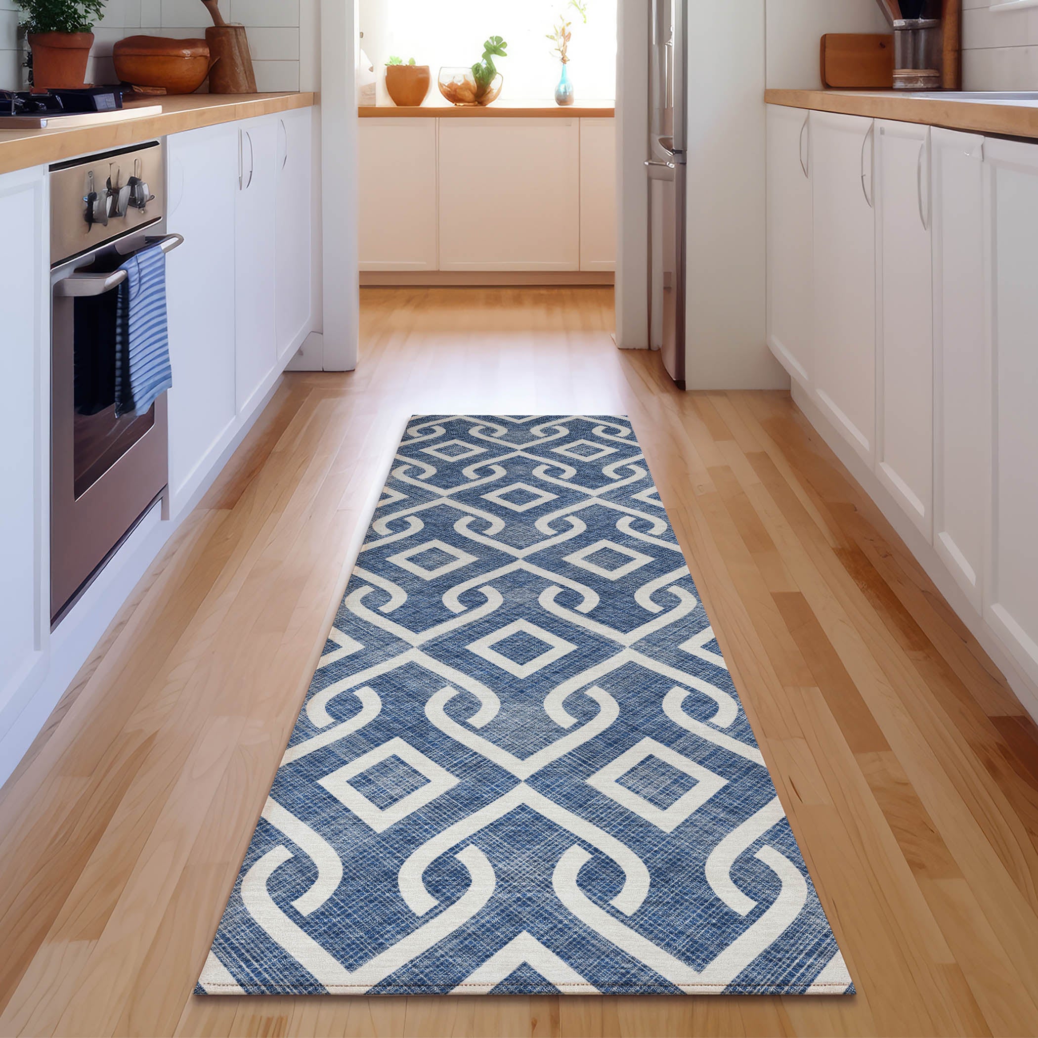 Mostar Machine Washable Transitional Navy Blue Rug 2'3" x 7'6" #shape_Runner