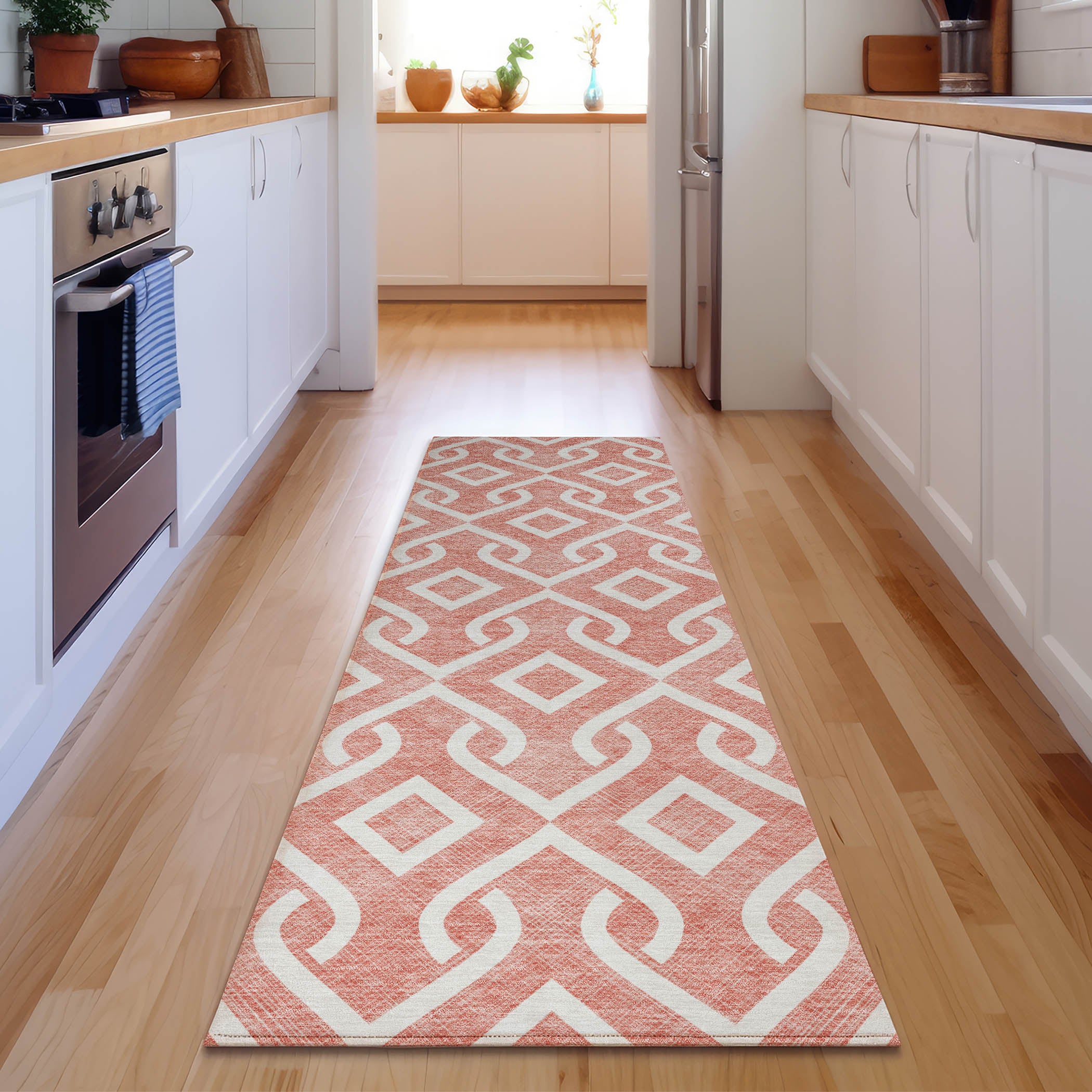 Mostar Machine Washable Transitional Salmon Orange Rug 2'3" x 7'6" #shape_Runner