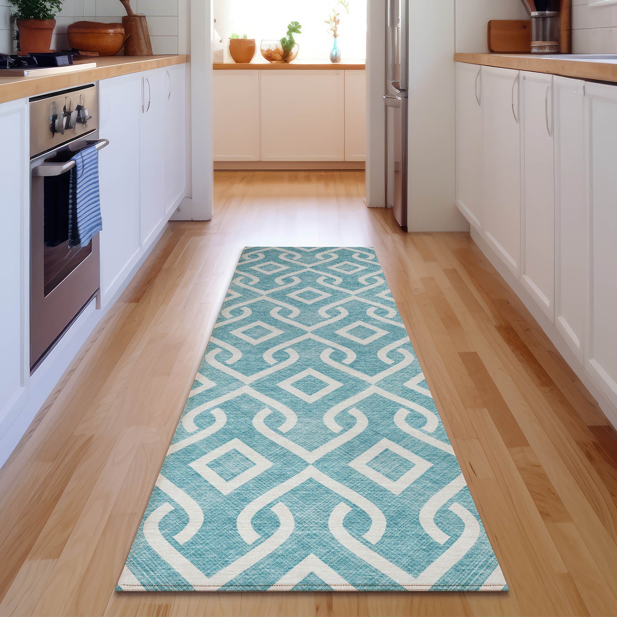 Mostar Machine Washable Transitional Teal Rug 2'3" x 7'6" #shape_Runner