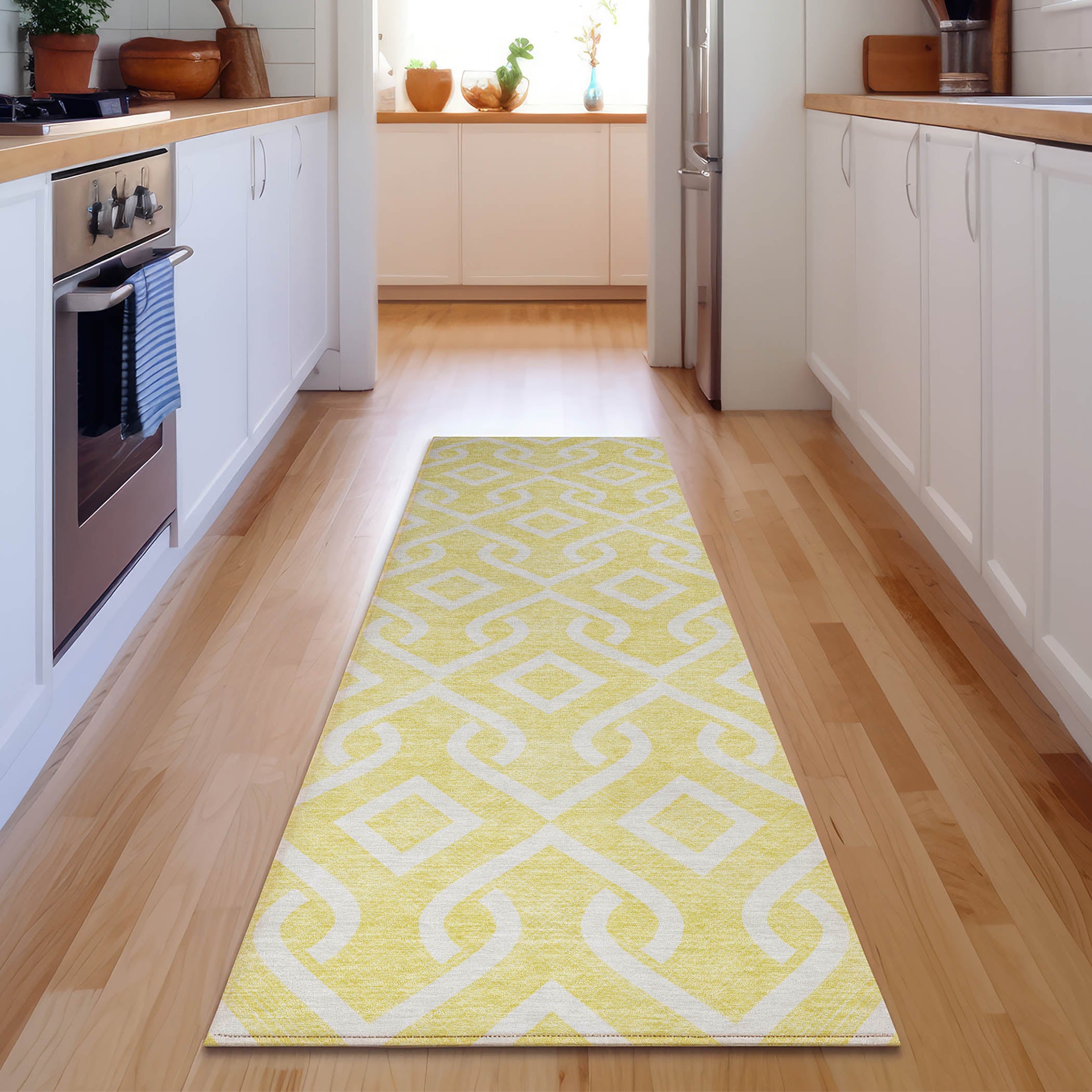 Mostar Machine Washable Transitional Yellow Gold Rug 2'3" x 7'6" #shape_Runner