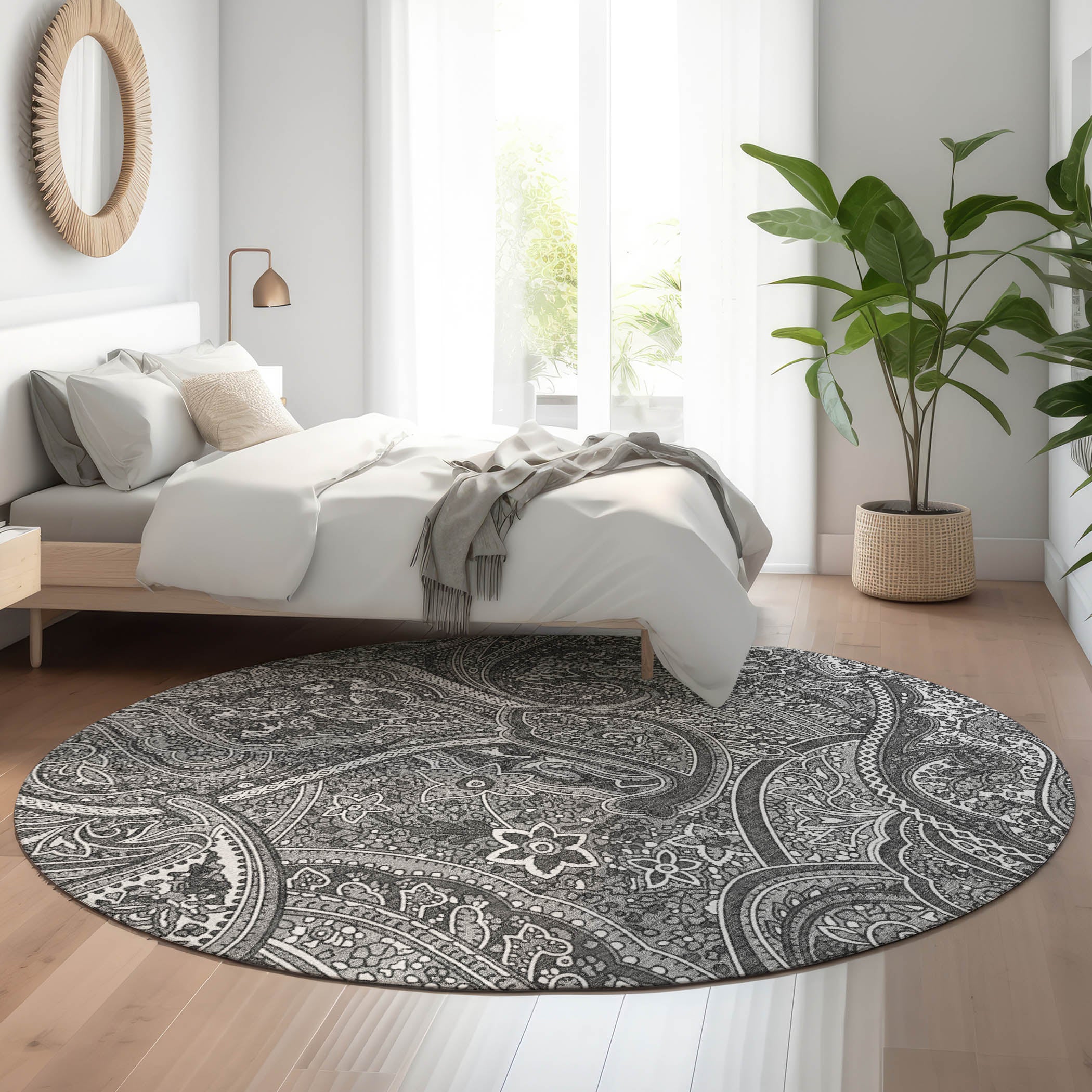Oaxaca Machine Washable Traditional Gray Rug 8' x 8' #shape_Round