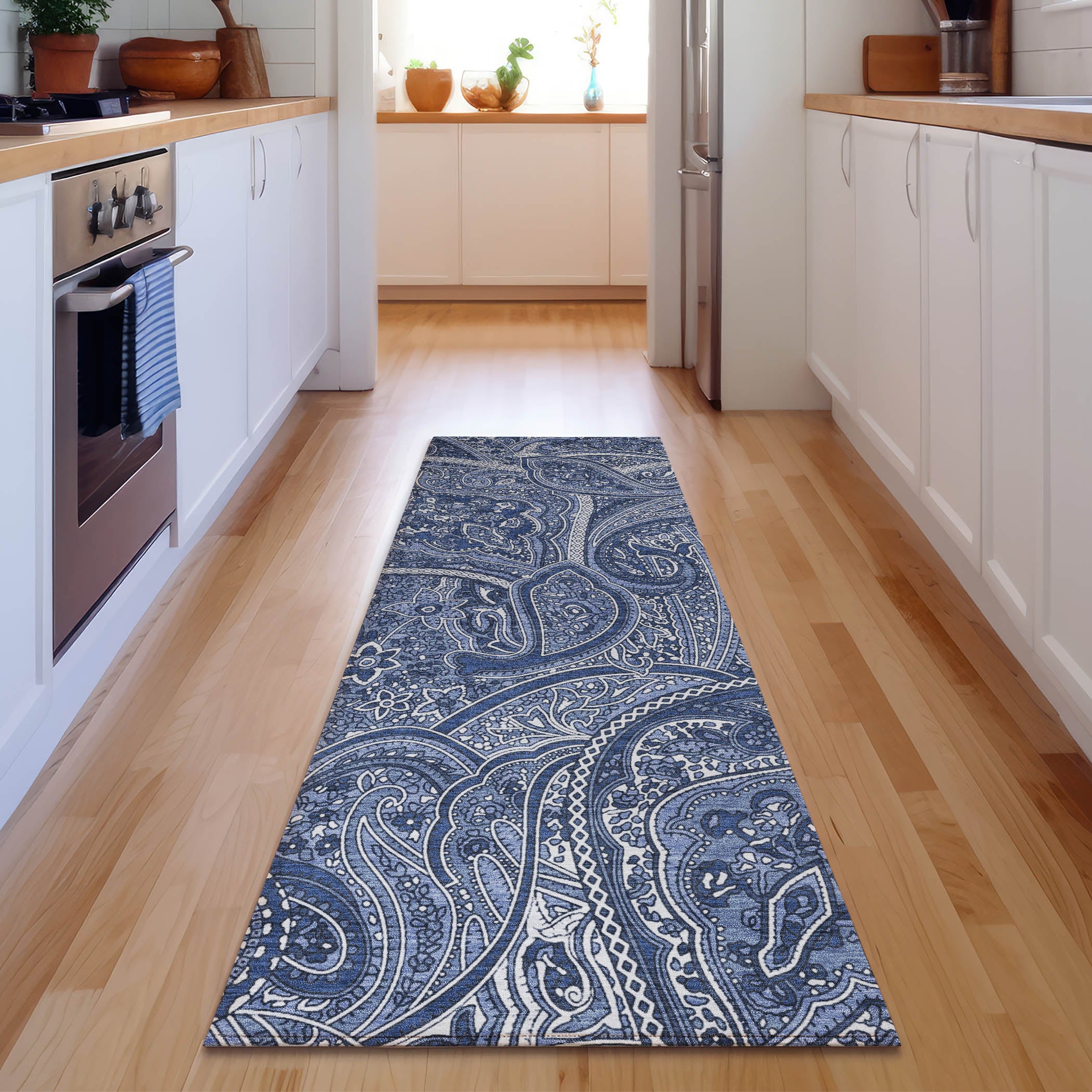 Oaxaca Machine Washable Traditional Navy Blue Rug 2'3" x 7'6" #shape_Runner