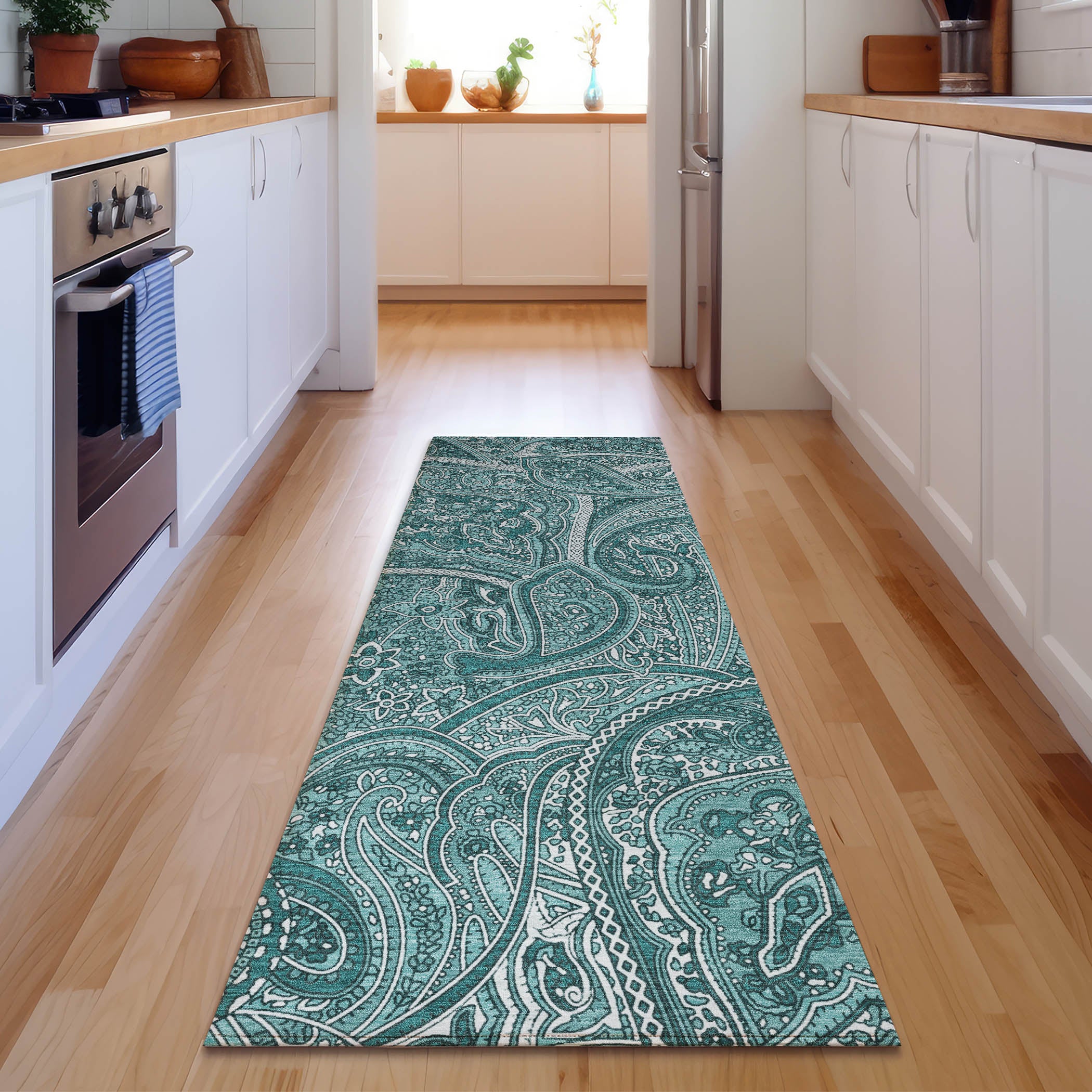 Oaxaca Machine Washable Traditional Teal Rug 2'3" x 7'6" #shape_Runner