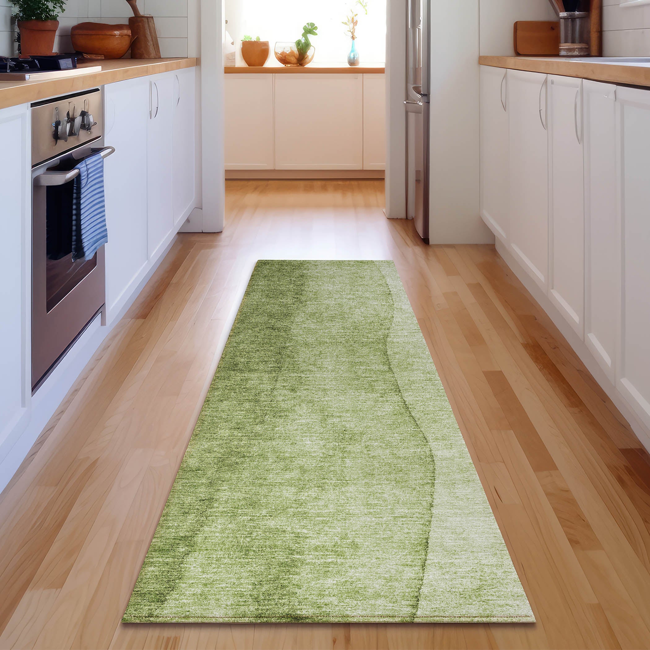 Lucerne Machine Washable Transitional Olive Green Rug 2'3" x 7'6" #shape_Runner