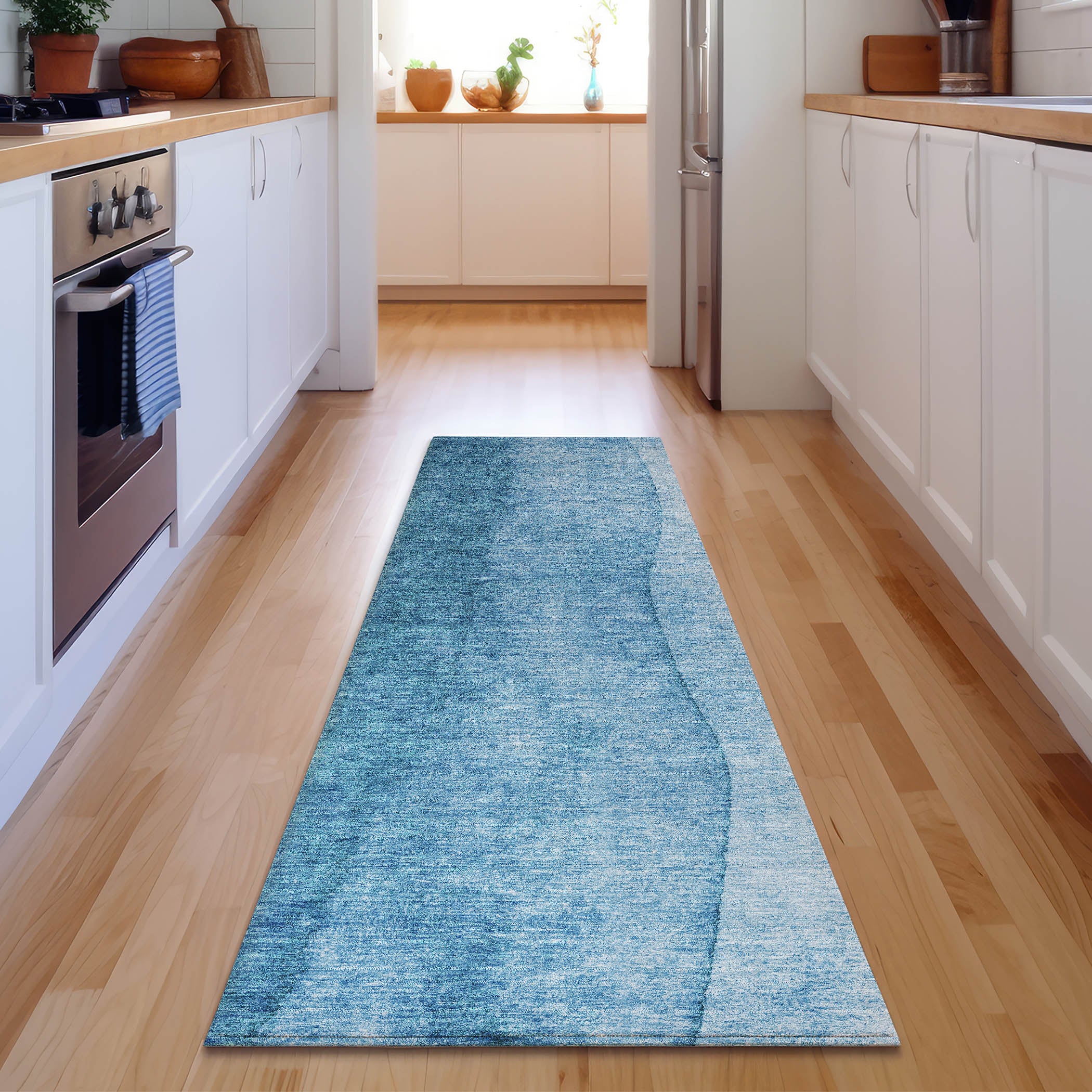 Lucerne Machine Washable Transitional Teal Rug 2'3" x 7'6" #shape_Runner