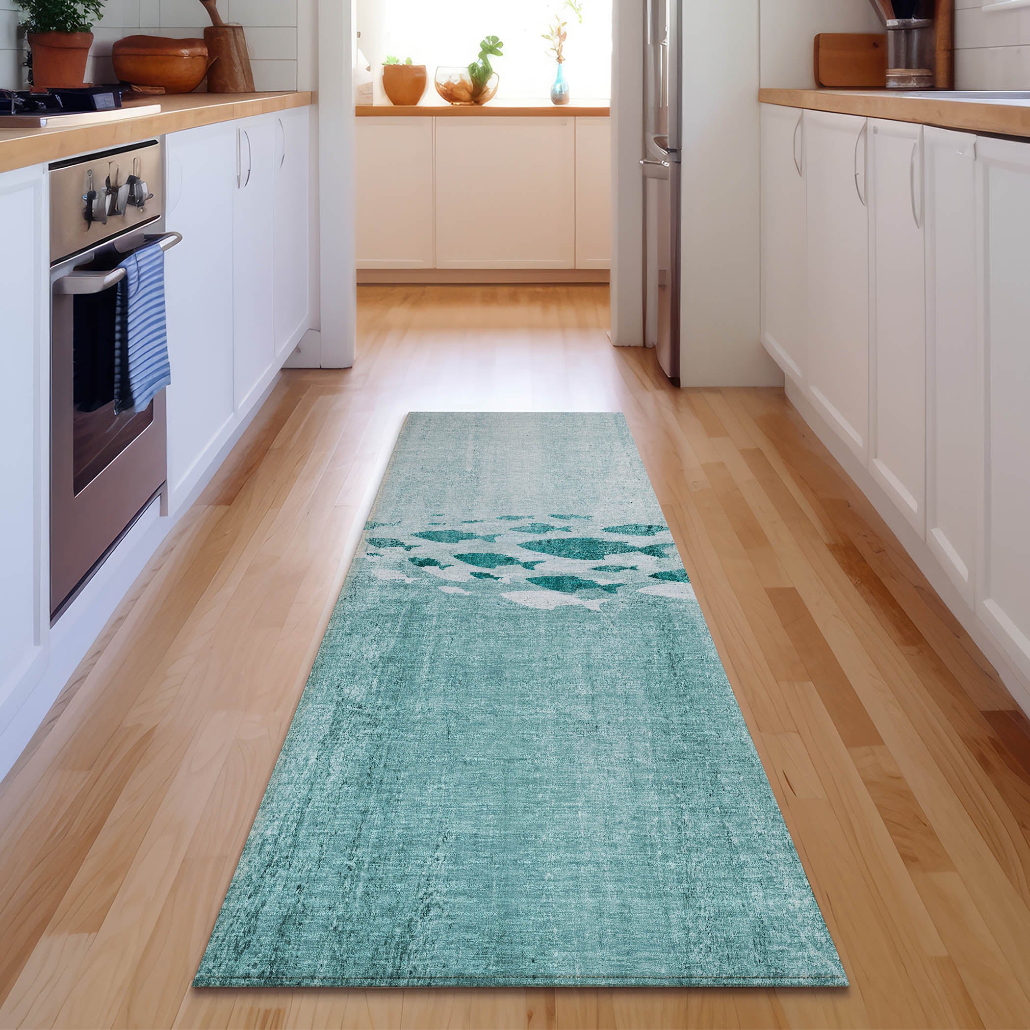 Athens Machine Washable Transitional Teal Rug 2'3" x 7'6" #shape_Runner