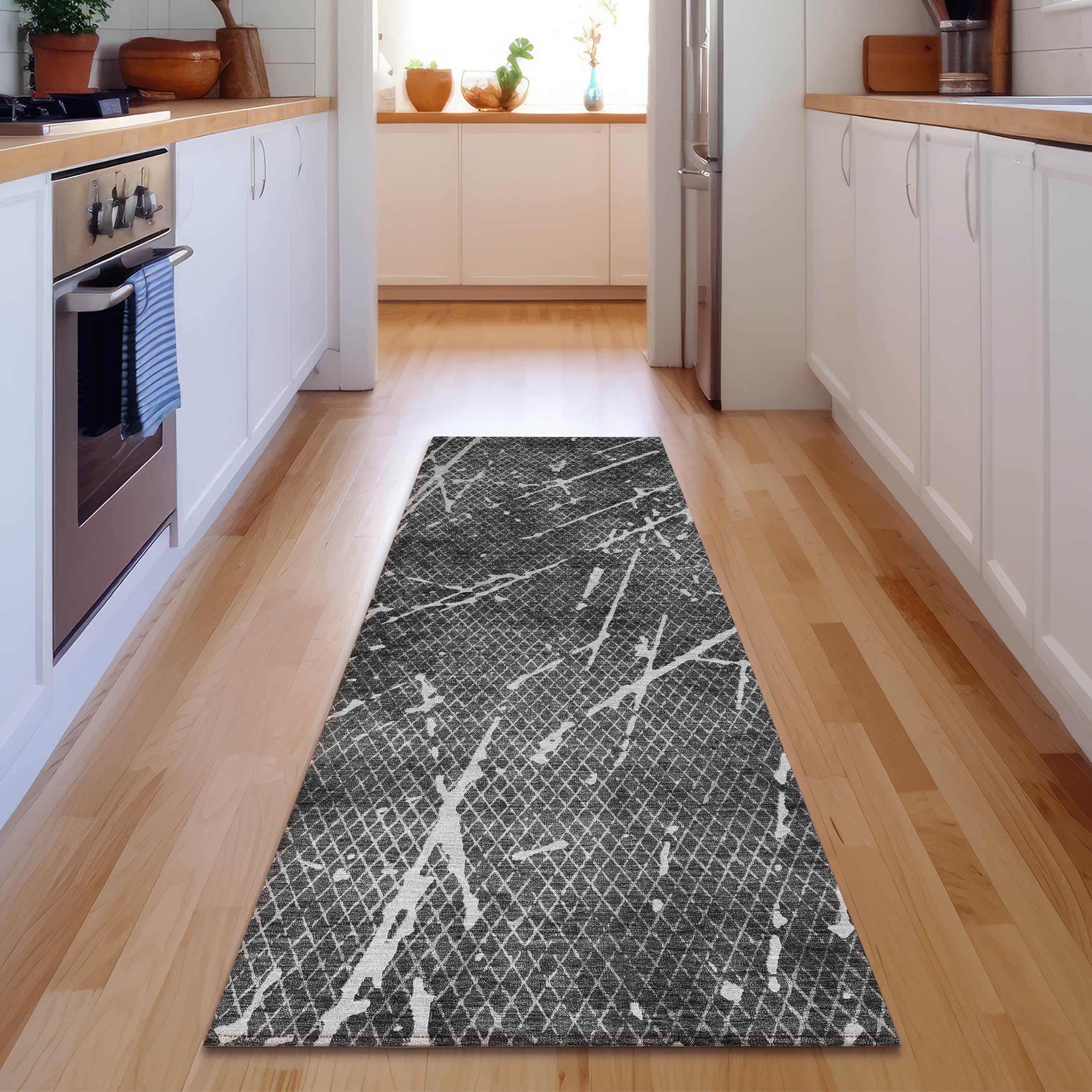 Luang Prabang Machine Washable Transitional Charcoal Gray Rug 2'3" x 7'6" #shape_Runner