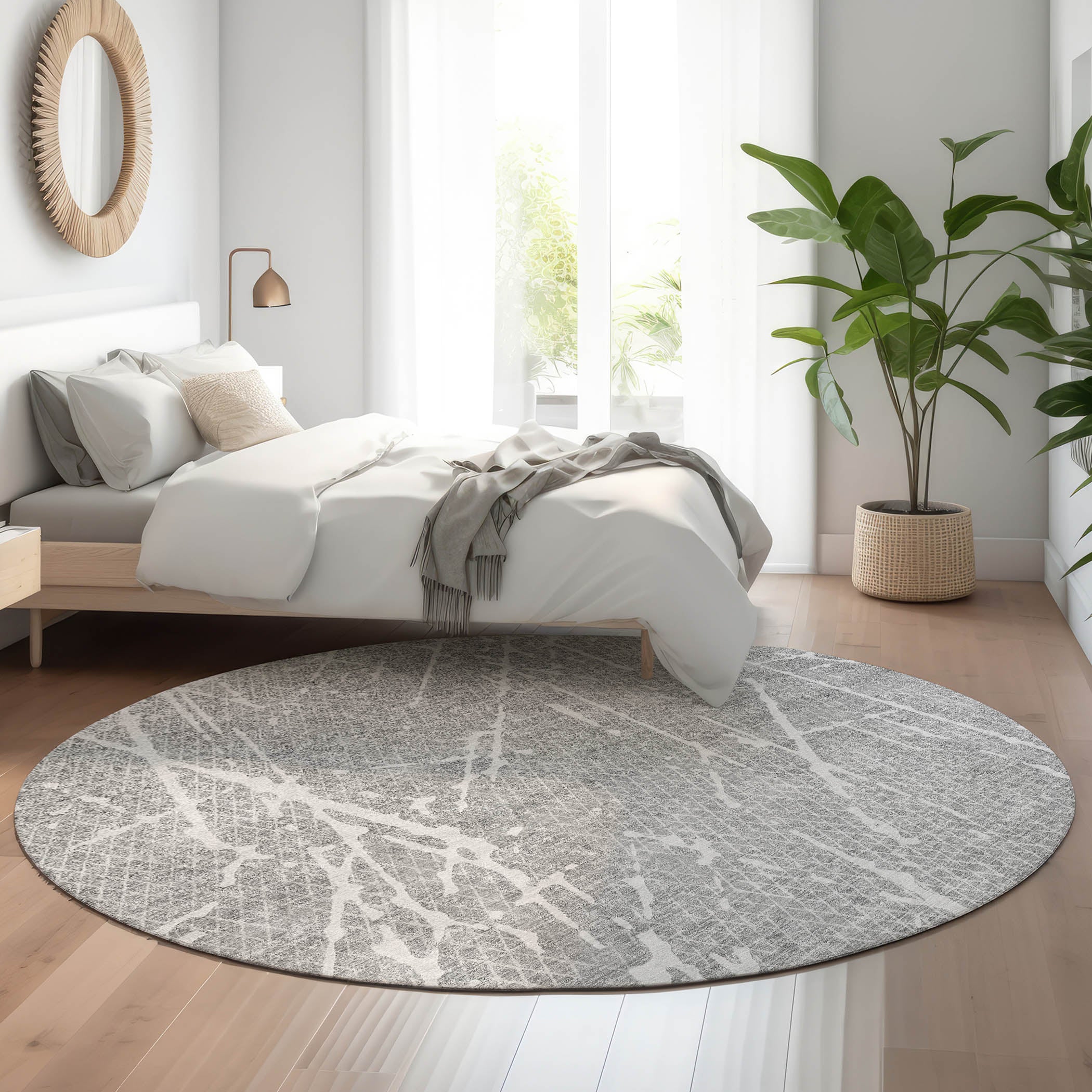 Luang Prabang Machine Washable Transitional Gray Rug 8' x 8' #shape_Round