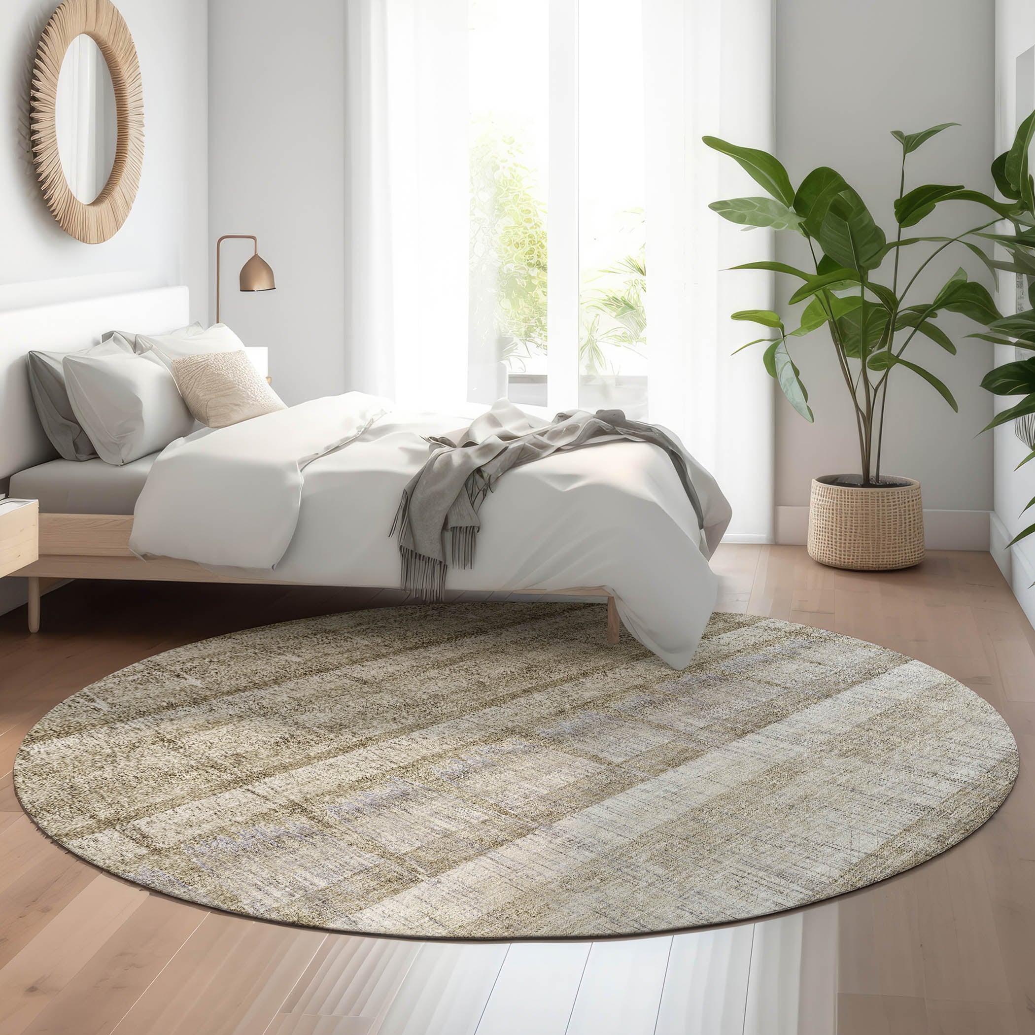 Kotor Machine Washable Transitional Taupe Brown Rug 8' x 8' #shape_Round