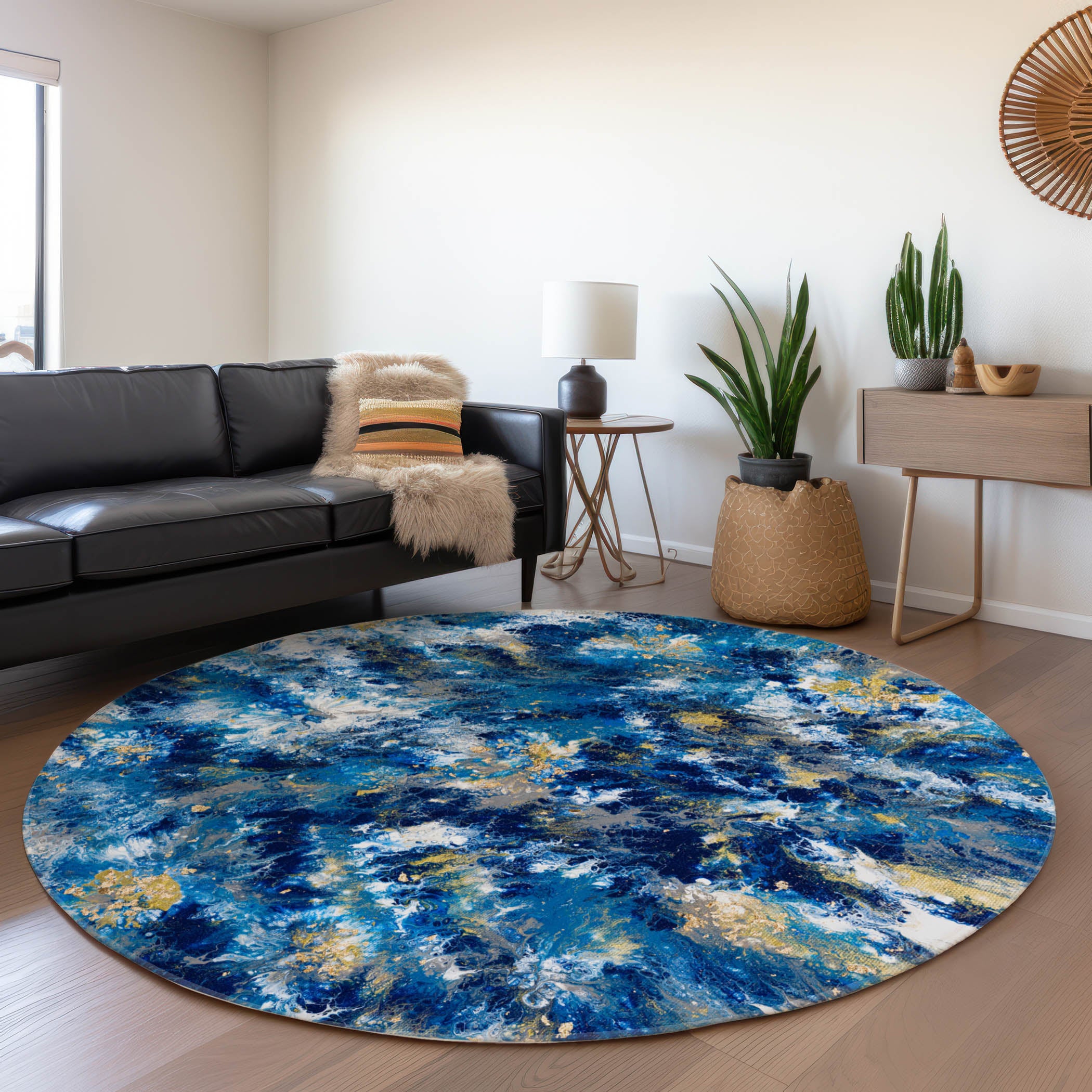 Seville Machine Washable Contemporary Blue Rug 8' x 8' #shape_Round