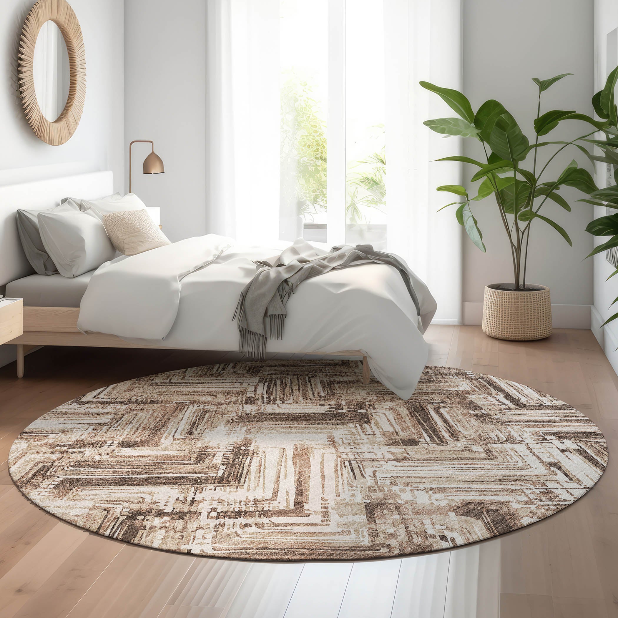 Istanbul Machine Washable Transitional Brown Rug 8' x 8' #shape_Round
