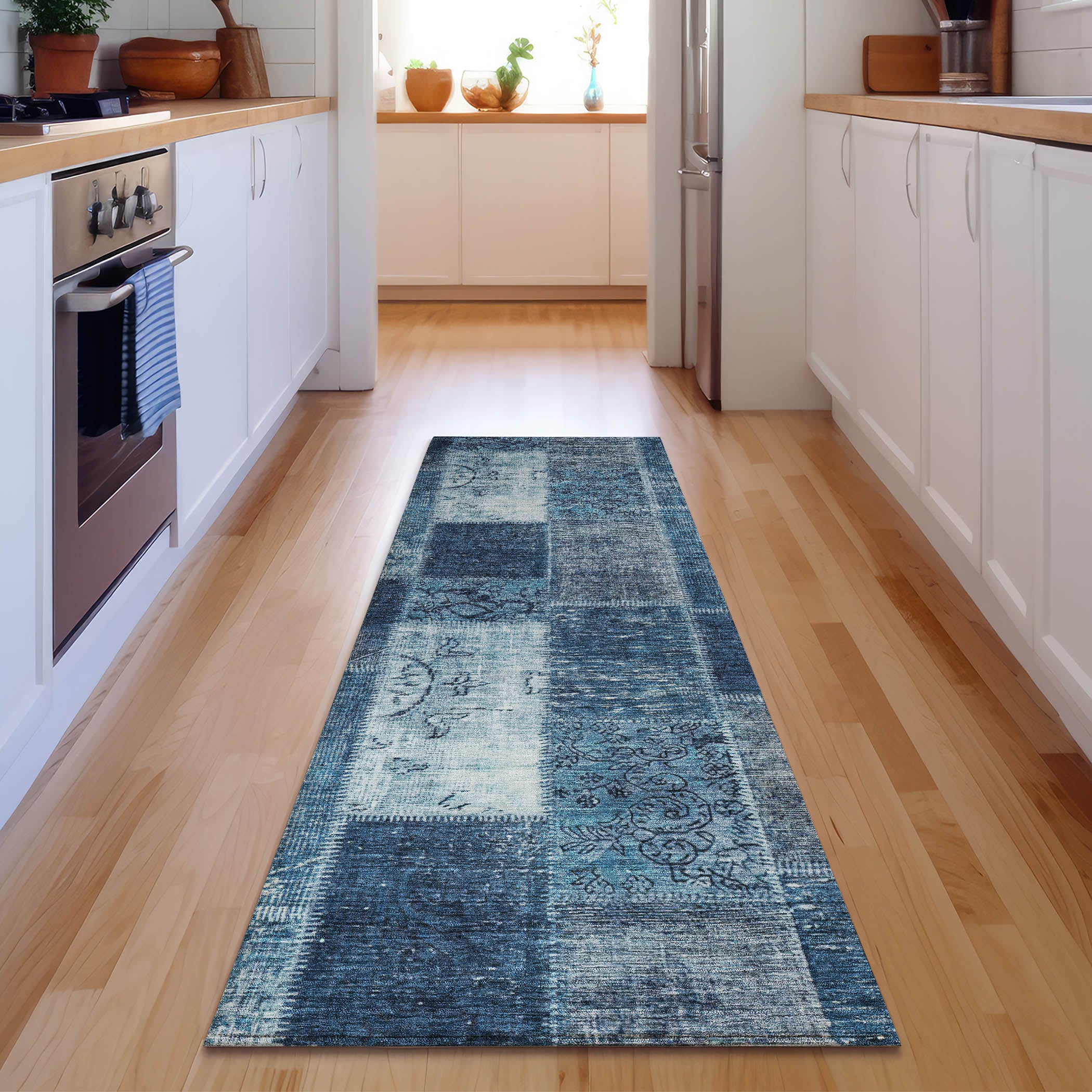 Lima Machine Washable Traditional Blue Rug 2'3" x 7'6" #shape_Runner