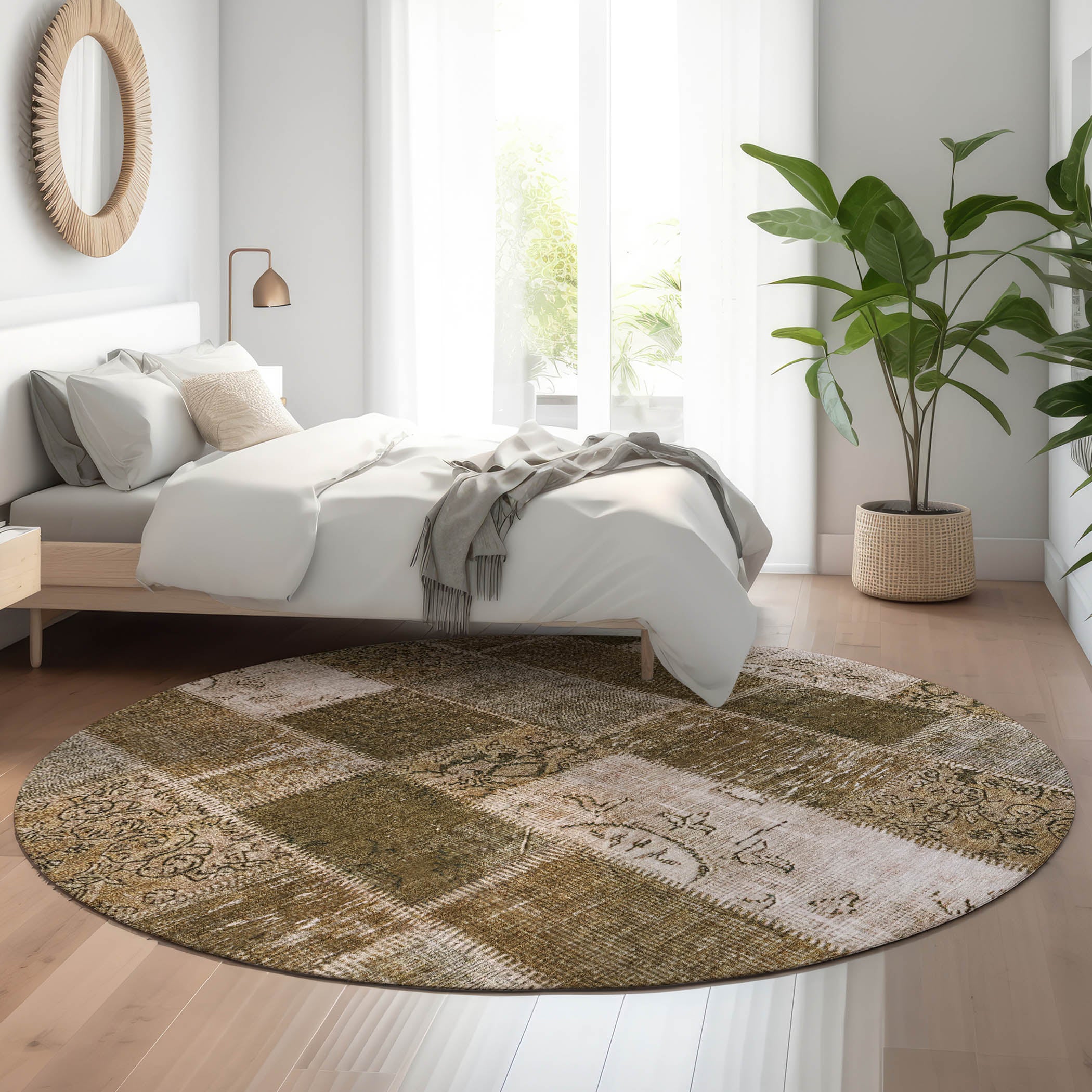 Lima Machine Washable Traditional Brown Rug 8' x 8' #shape_Round