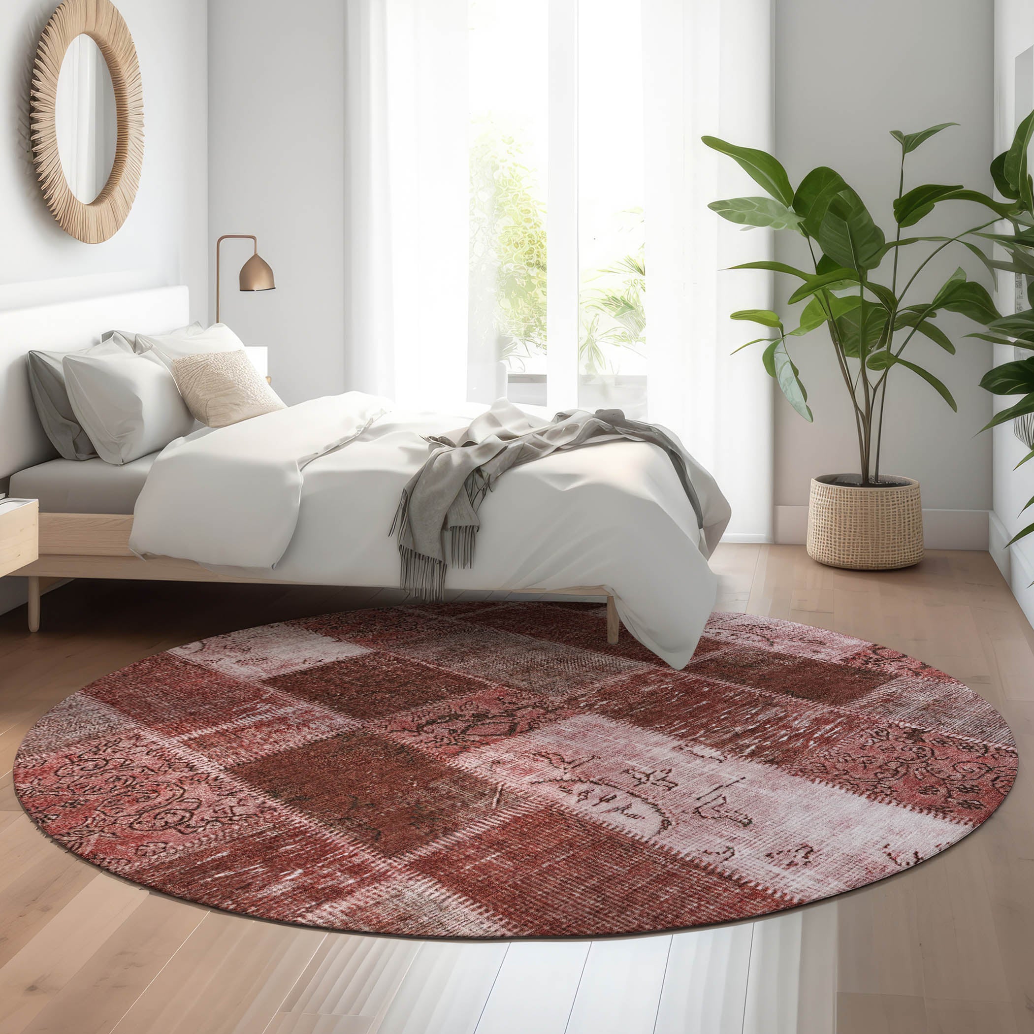 Lima Machine Washable Traditional Burgundy Red Rug 8' x 8' #shape_Round