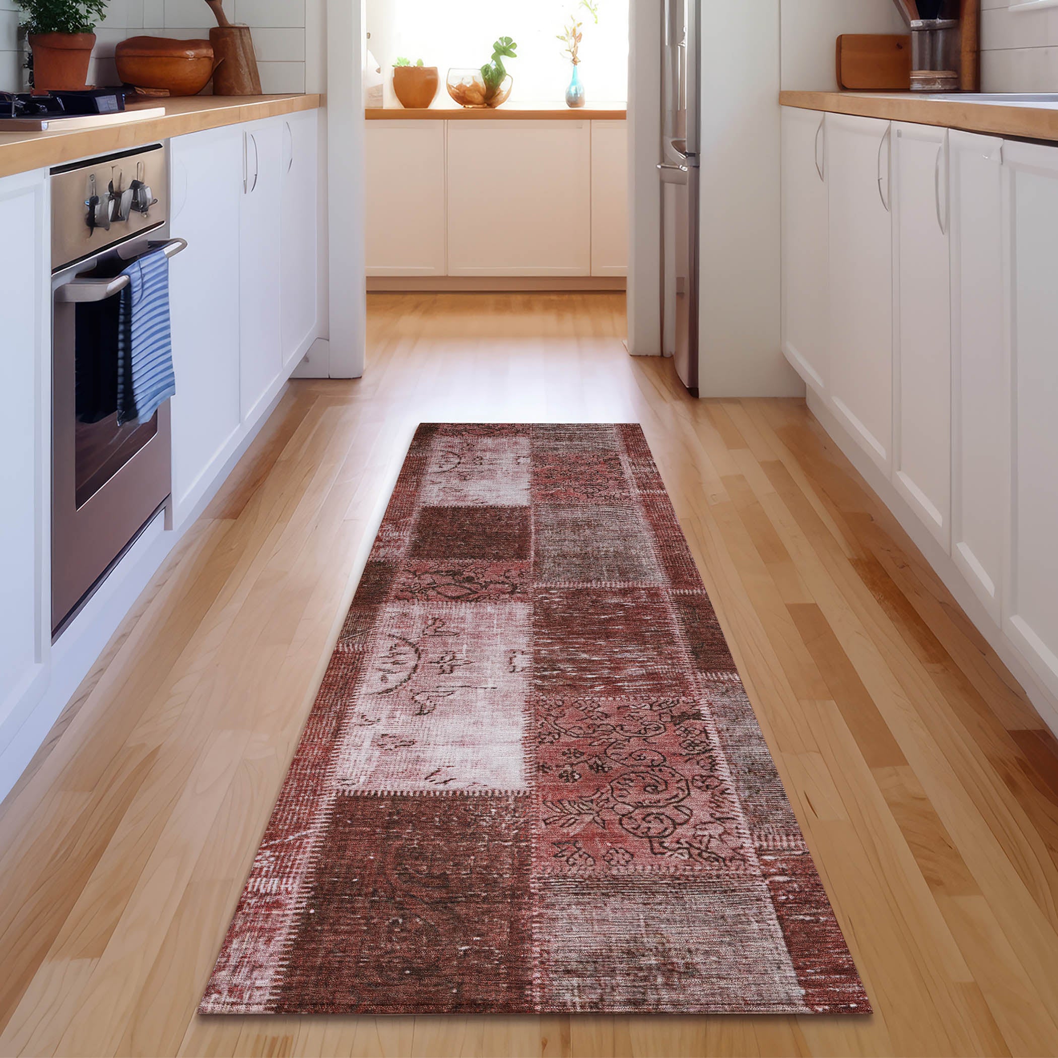 Lima Machine Washable Traditional Burgundy Red Rug 2'3" x 7'6" #shape_Runner