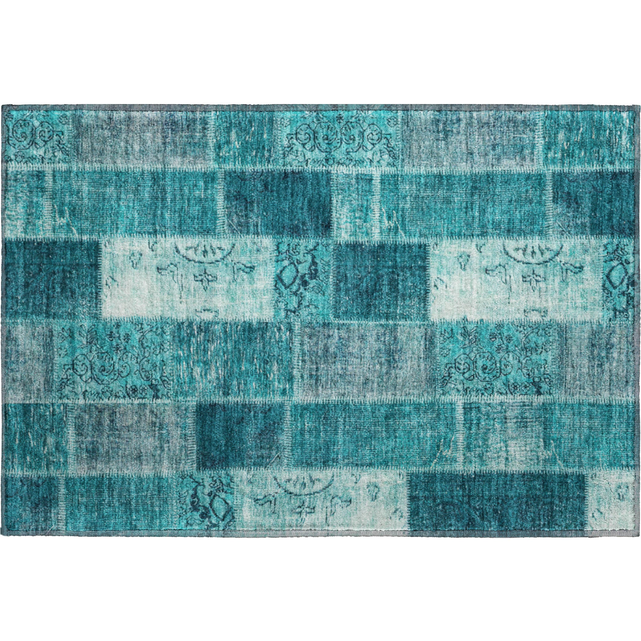 Lima Machine Washable Traditional Teal Rug 1'8" x 2'6" #shape_Rectangle