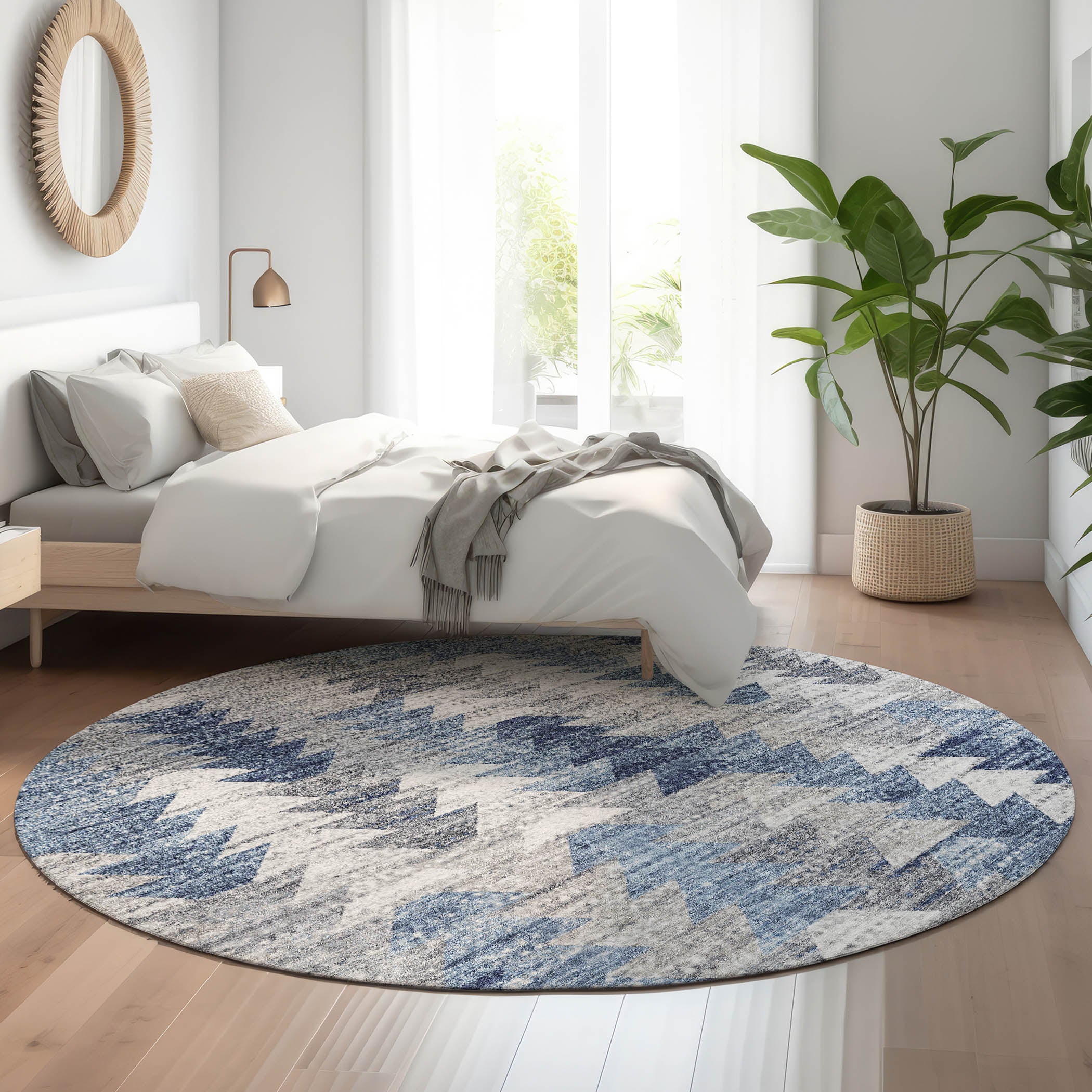 Luang Prabang Machine Washable Transitional Blue Rug 8' x 8' #shape_Round