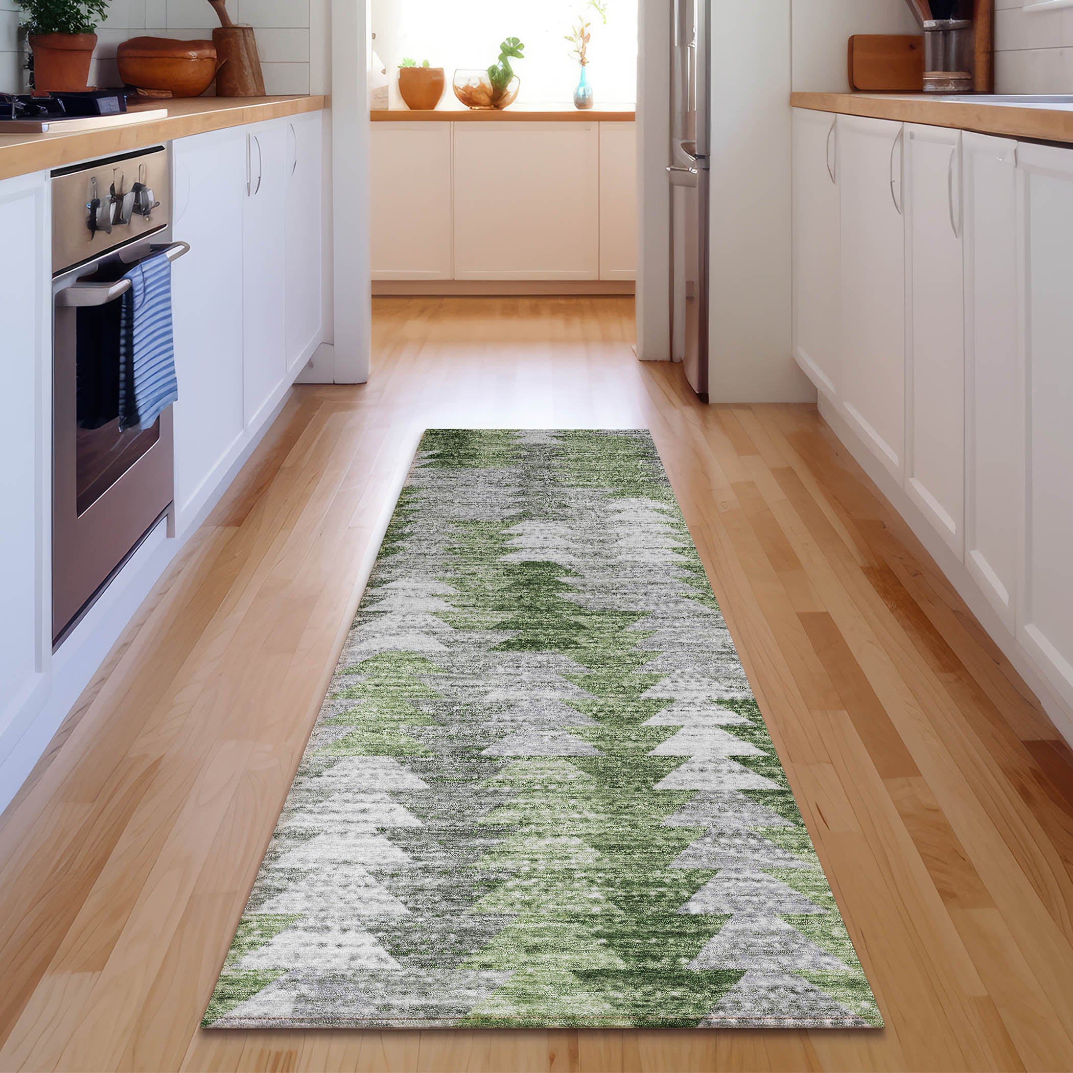 Luang Prabang Machine Washable Transitional Green Rug 2'3" x 7'6" #shape_Runner
