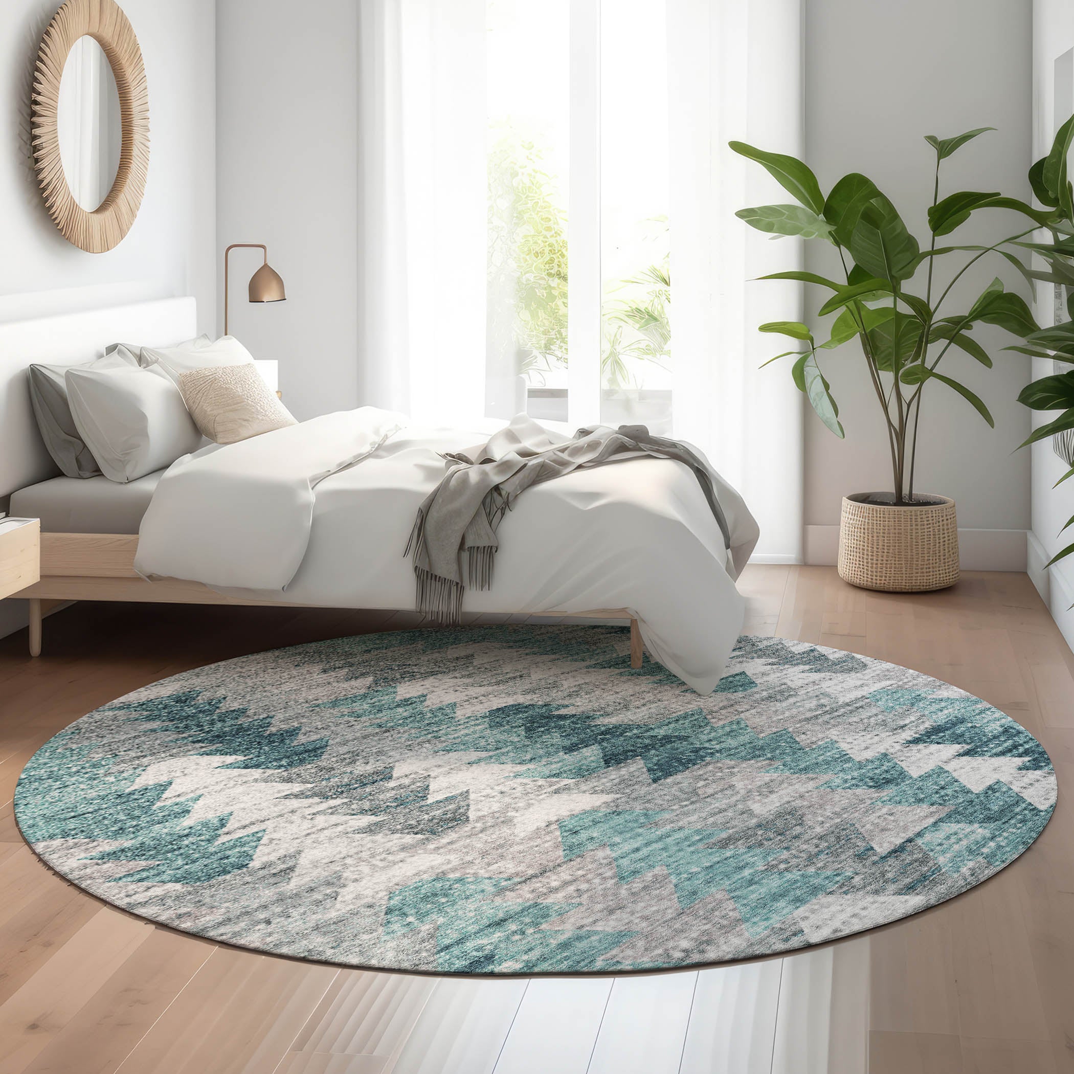 Luang Prabang Machine Washable Transitional Teal Rug 8' x 8' #shape_Round