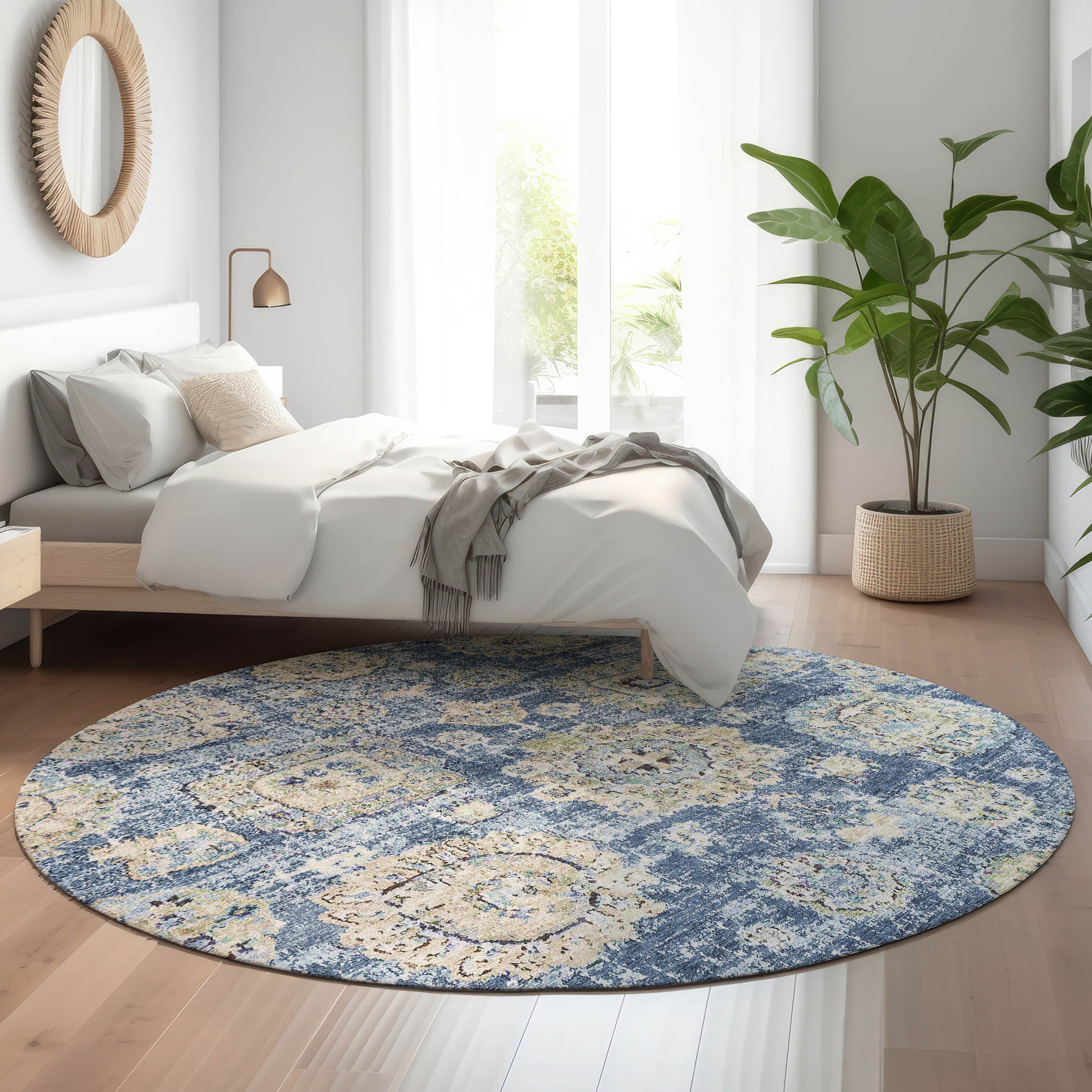 Rome Machine Washable Transitional Blue Rug 8' x 8' #shape_Round