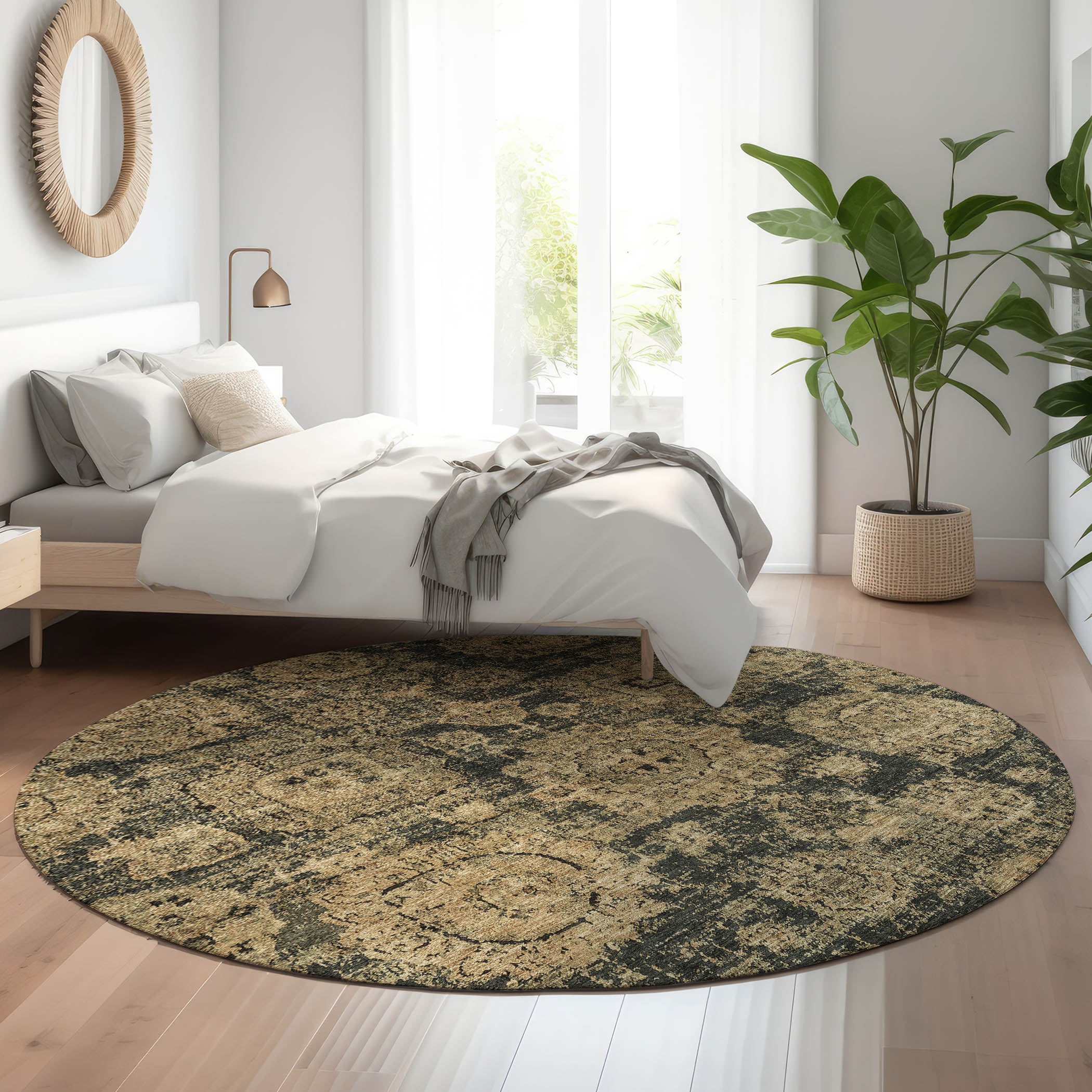 Rome Machine Washable Transitional Charcoal Gray Rug 8' x 8' #shape_Round