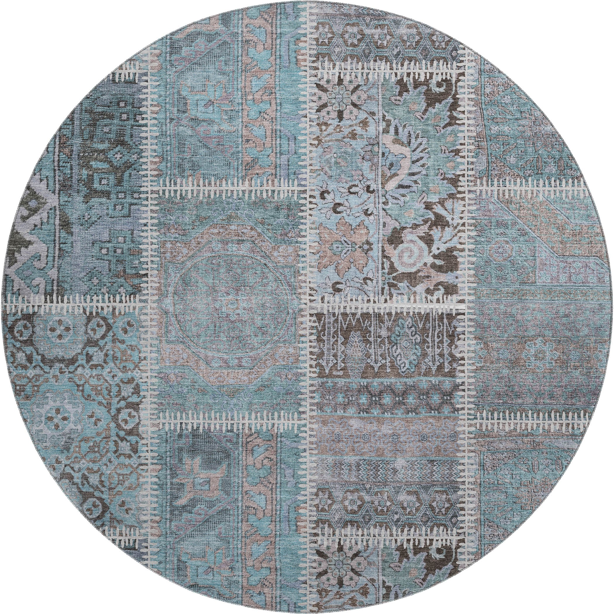 Havana Machine Washable Transitional Teal Rug 8' x 8' #shape_Round