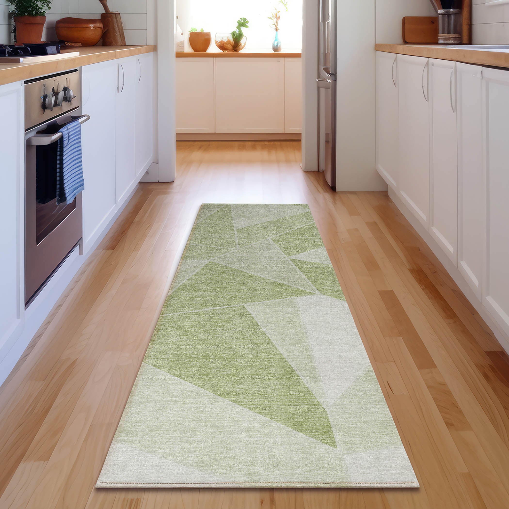 Mdina Machine Washable Transitional Aloe Green Rug 2'3" x 7'6" #shape_Runner