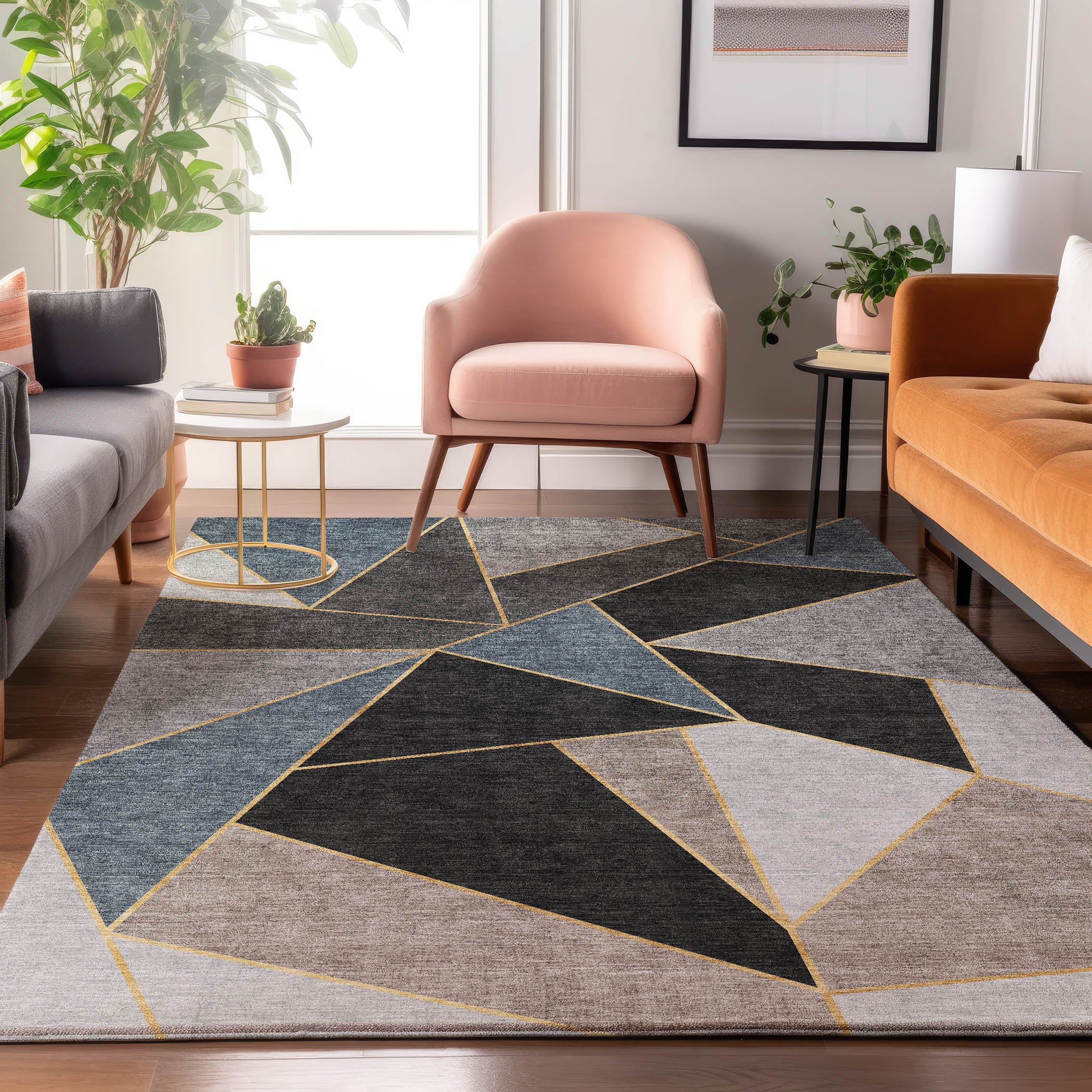Mdina Machine Washable Transitional Blue Rug 2'6" x 3'10" #shape_Rectangle