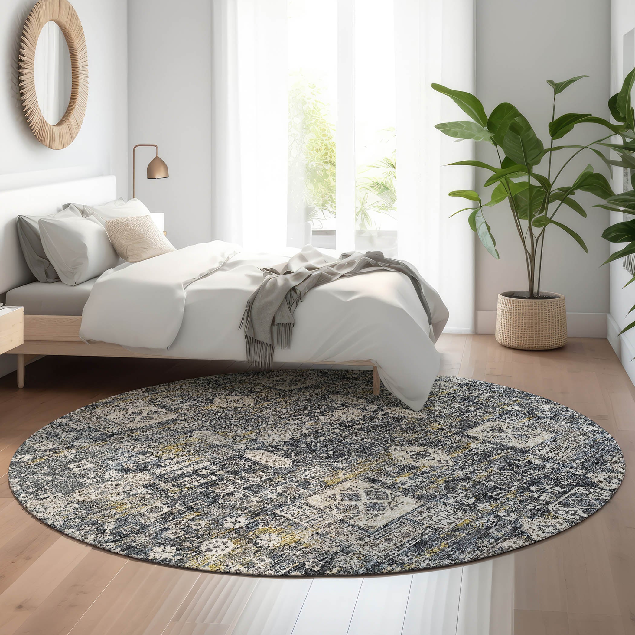 Sintra Machine Washable Transitional Charcoal Gray Rug 8' x 8' #shape_Round