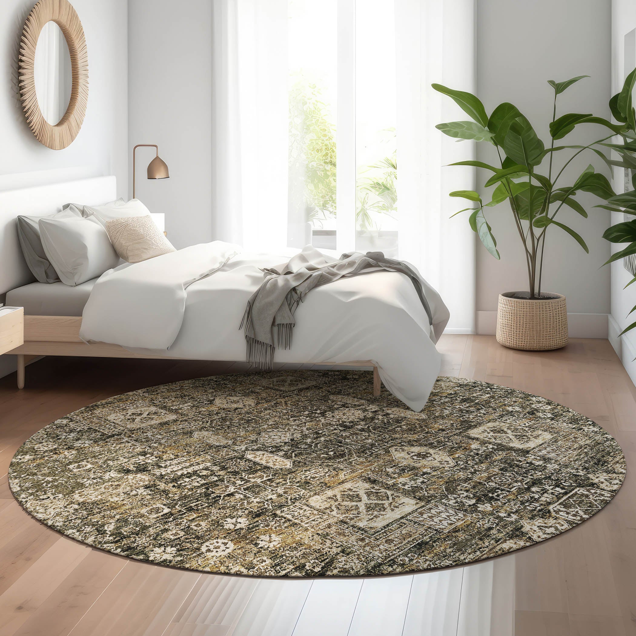 Sintra Machine Washable Transitional Coffee Brown Rug 8' x 8' #shape_Round