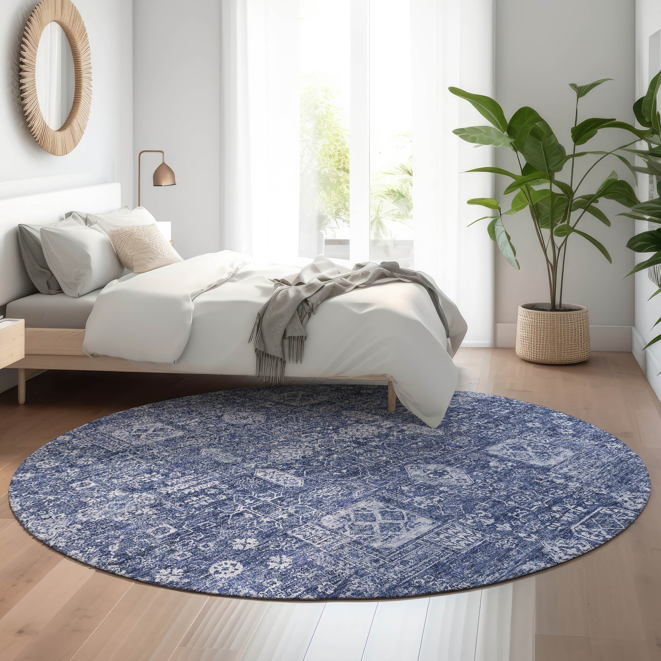 Sintra Machine Washable Transitional Navy Blue Rug 8' x 8' #shape_Round