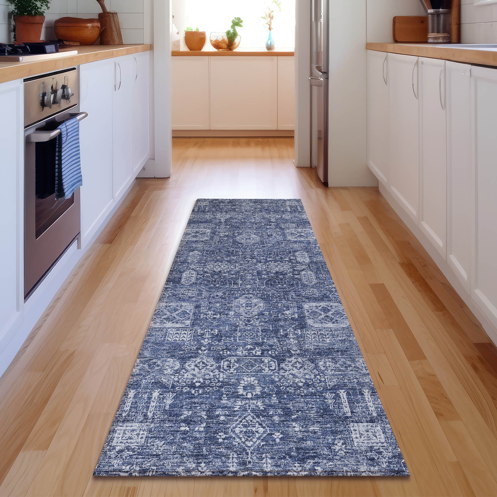 Sintra Machine Washable Transitional Navy Blue Rug 2'3" x 7'6" #shape_Runner