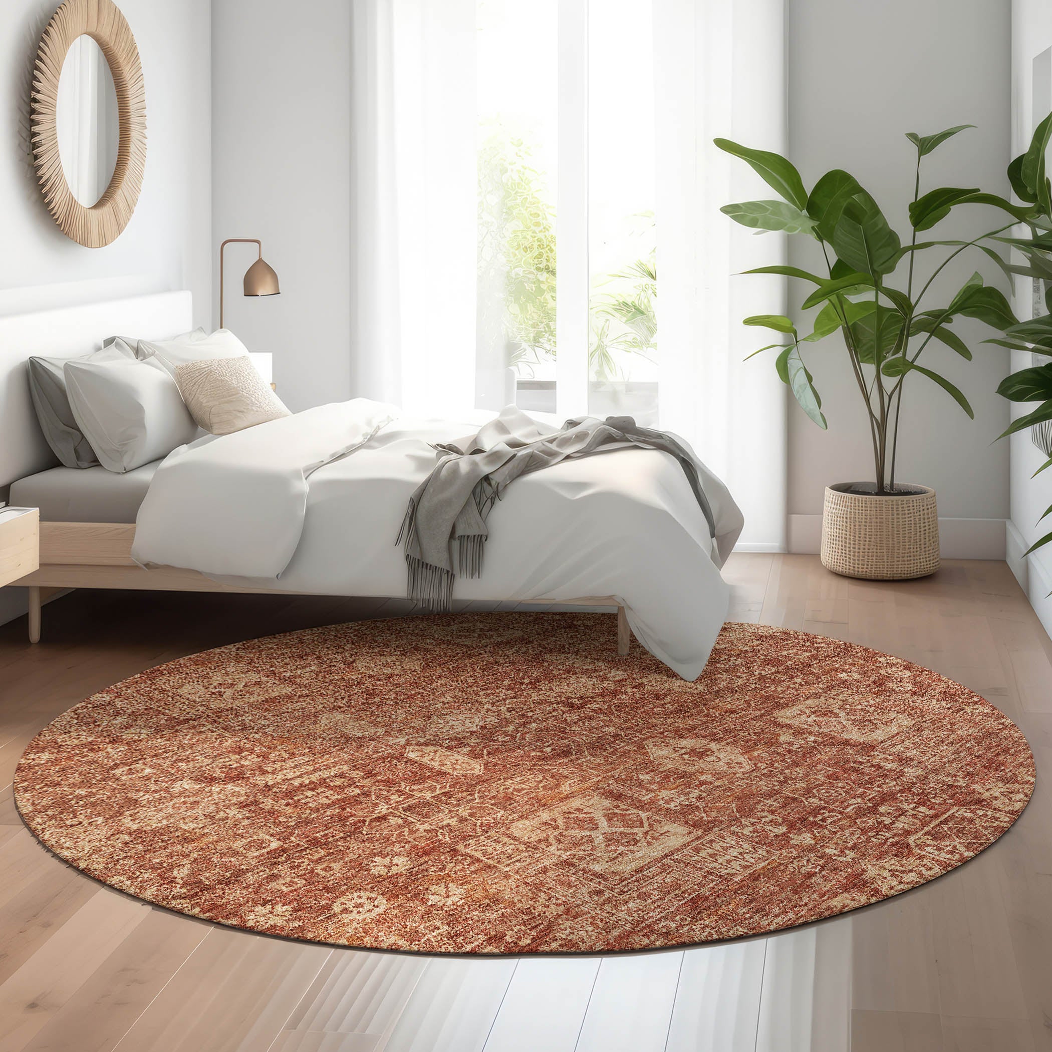 Sintra Machine Washable Transitional Paprika Orange Rug 8' x 8' #shape_Round