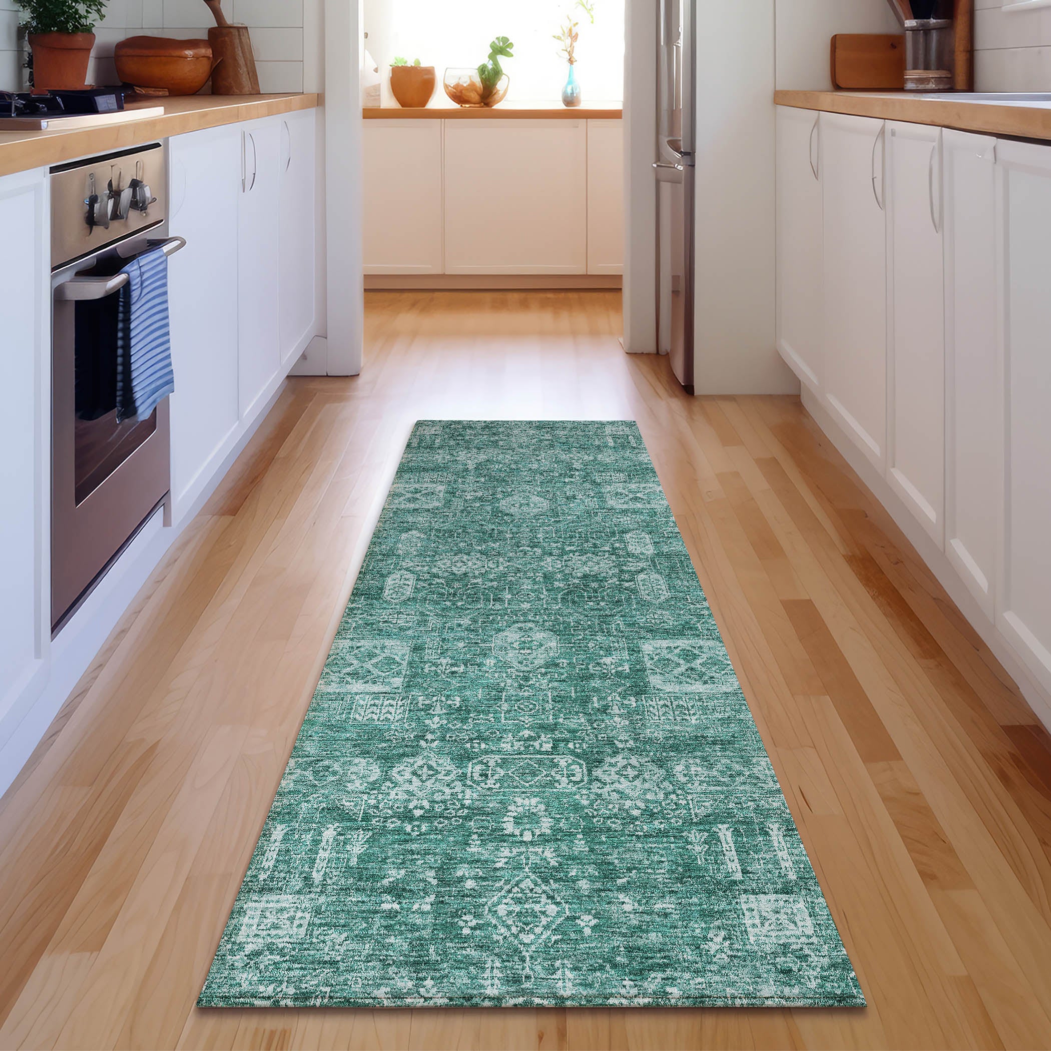 Sintra Machine Washable Transitional Teal Rug 2'3" x 7'6" #shape_Runner