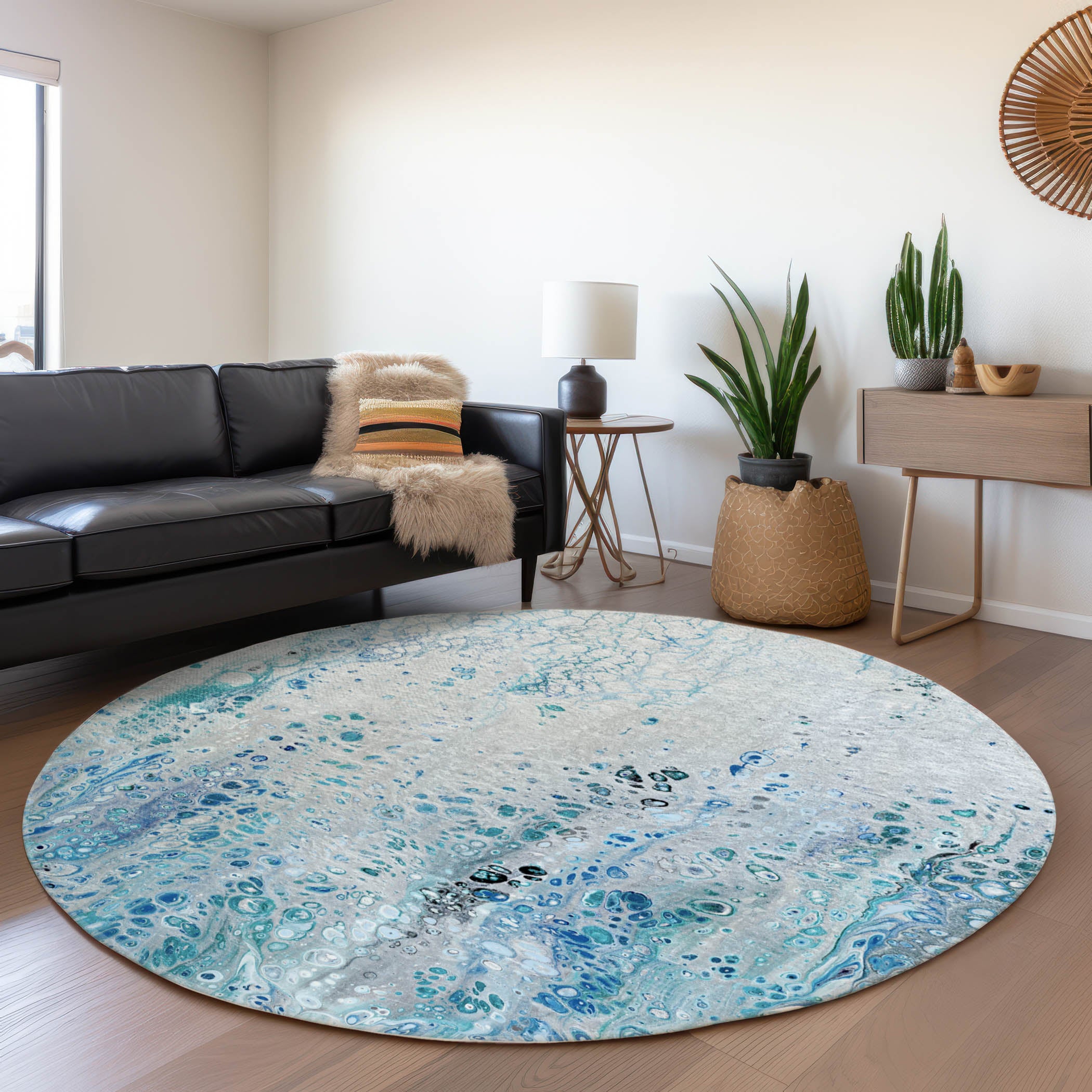 Cartagena Machine Washable Contemporary Shoreline Blue Rug 8' x 8' #shape_Round