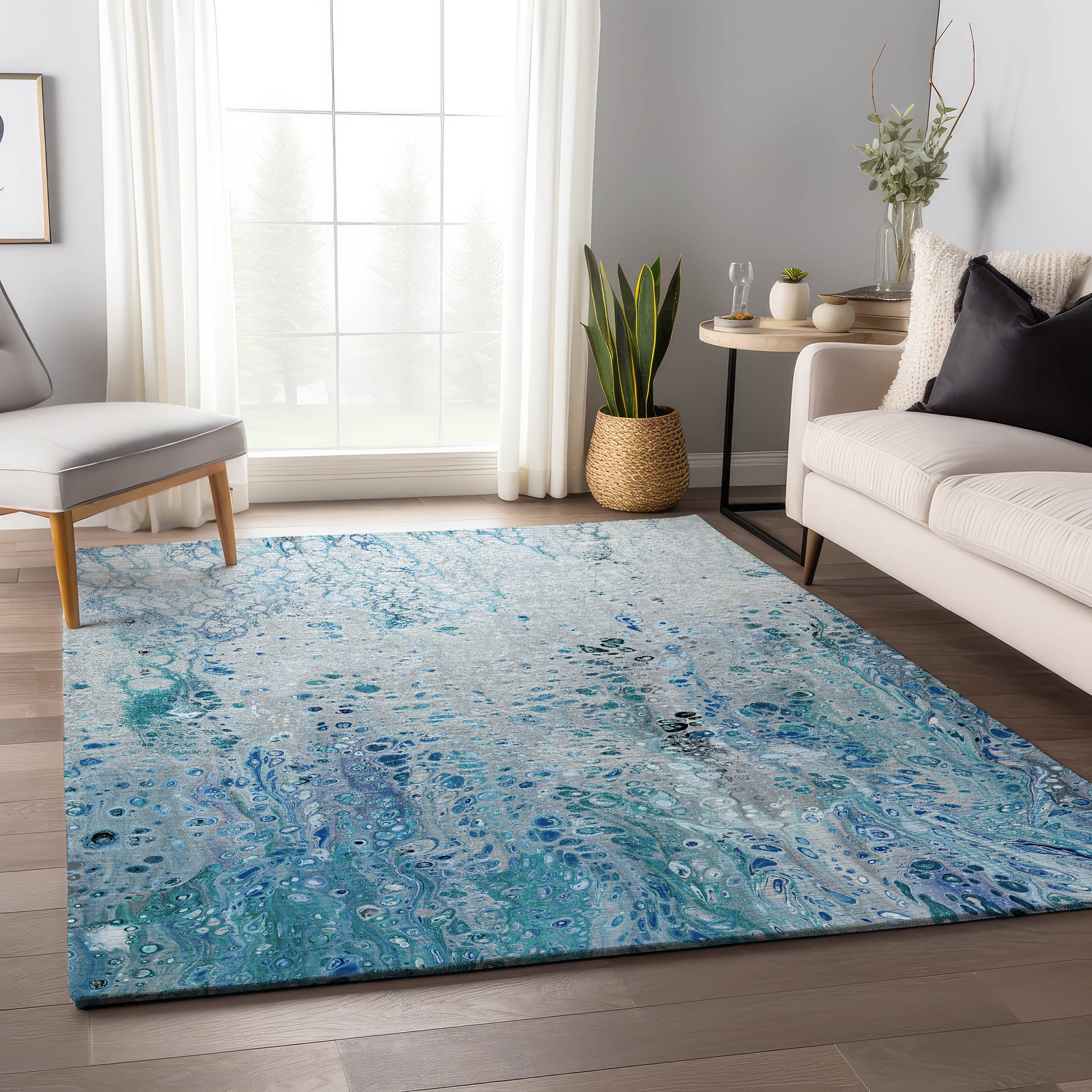 Cartagena Machine Washable Contemporary Shoreline Blue Rug 2'6" x 3'10" #shape_Rectangle